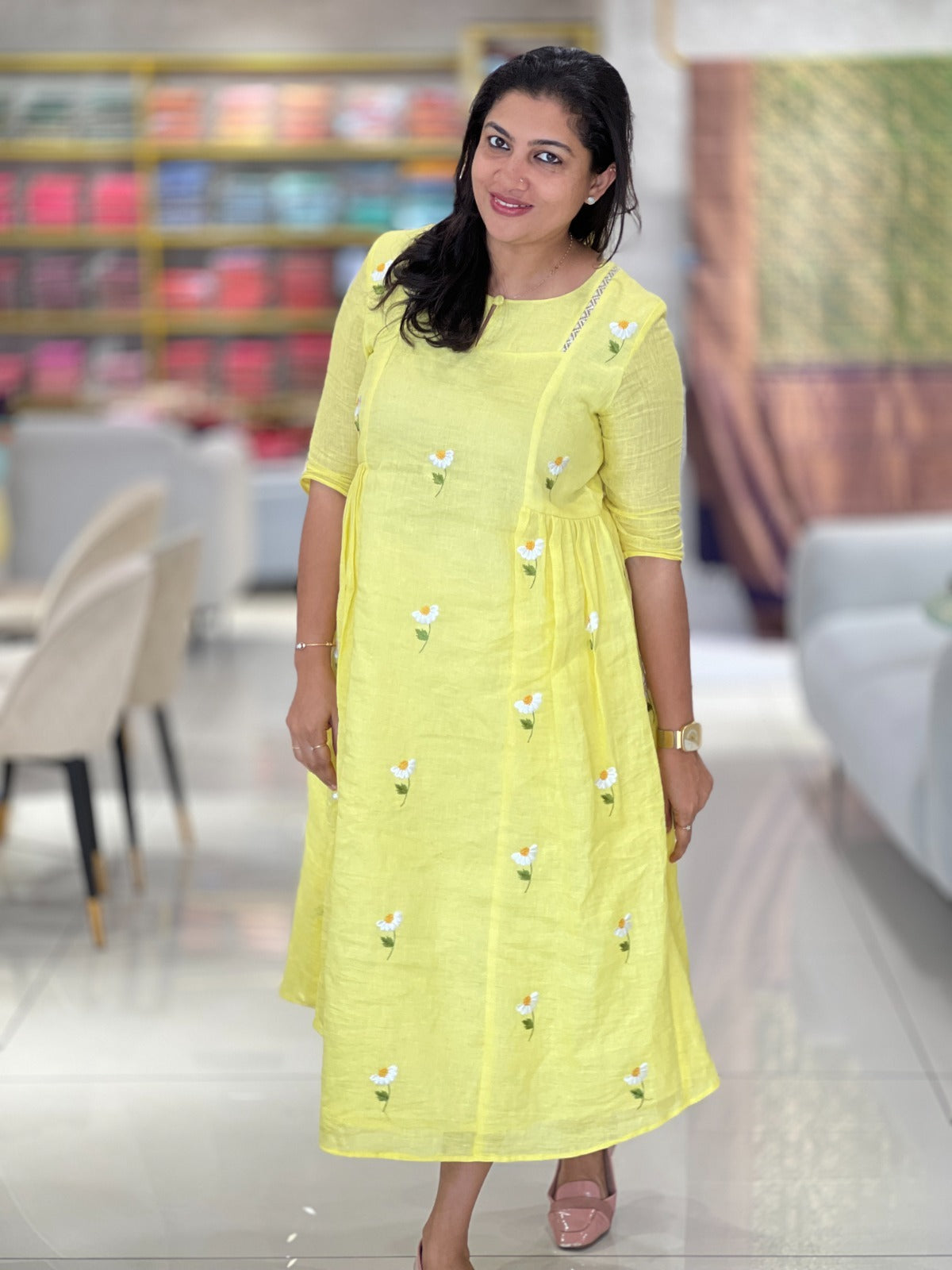 Floral Embroidered Linen Kurta Material | DN754