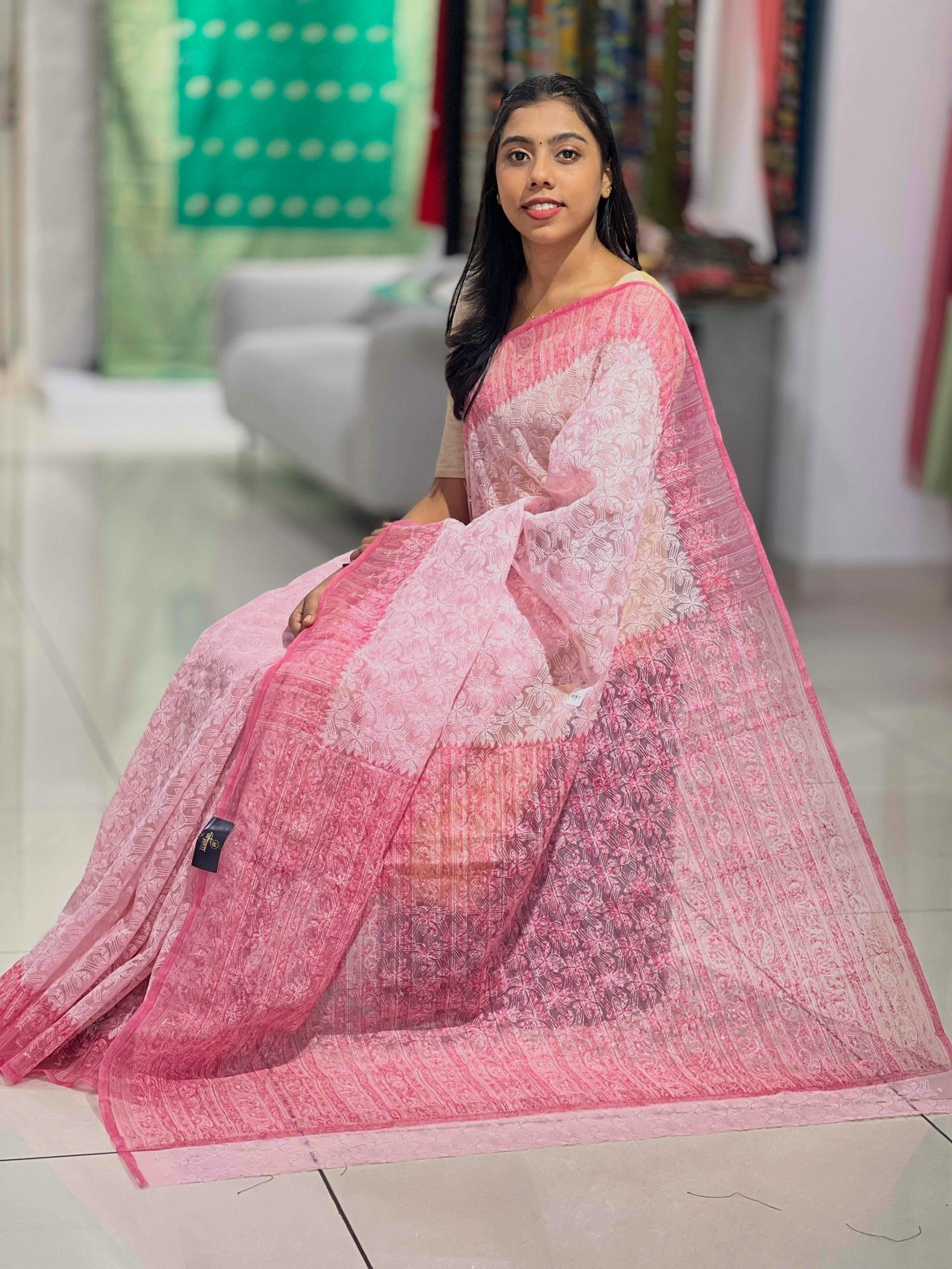Tepchi Embroidery With Block Printed Organza Saree | JSC258