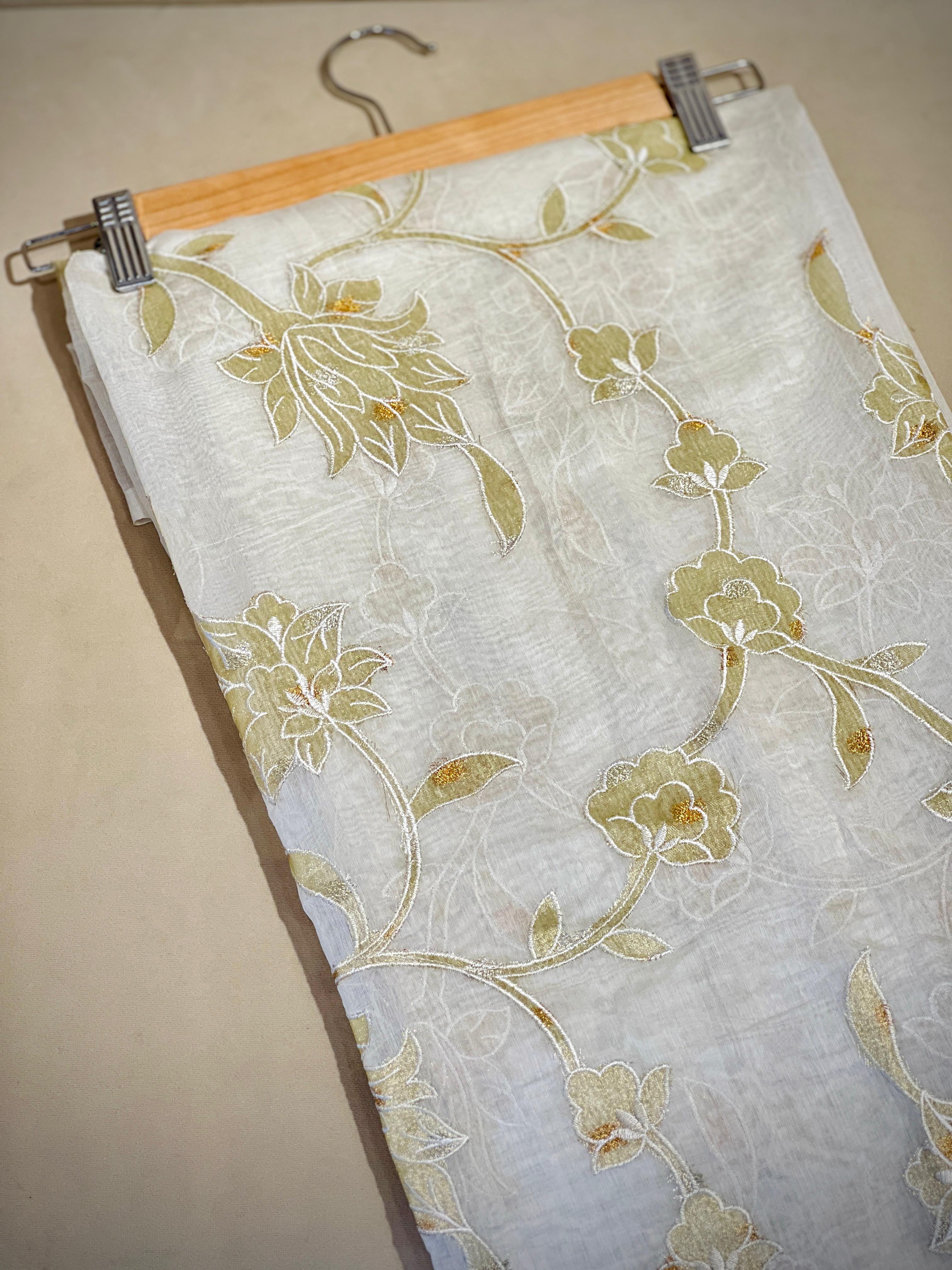 Floral Applique Work Detailed Chanderi Silk Running Material | RMFC207