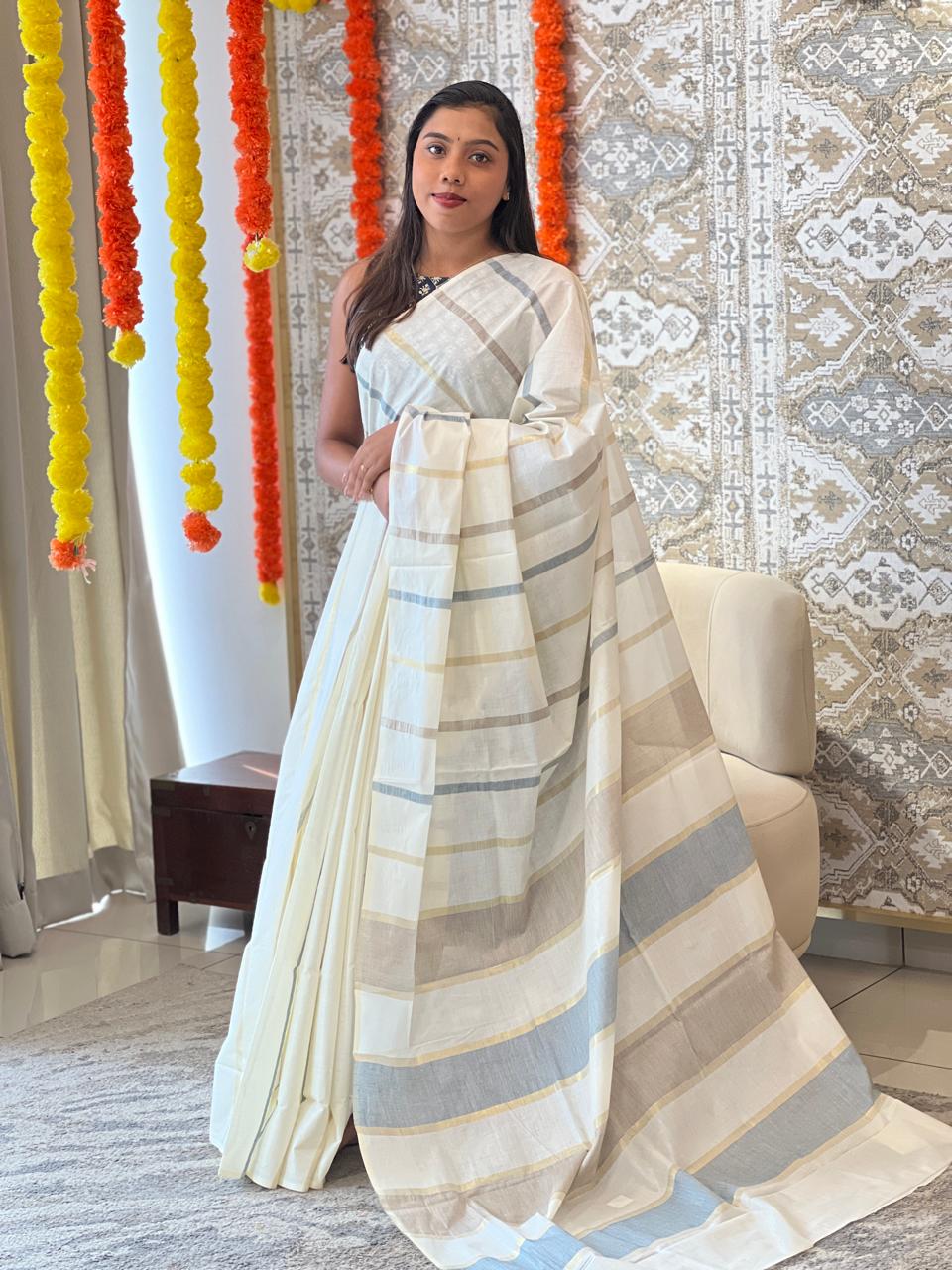 Vertical Line Pattern Kerala Cotton Saree | RLF126