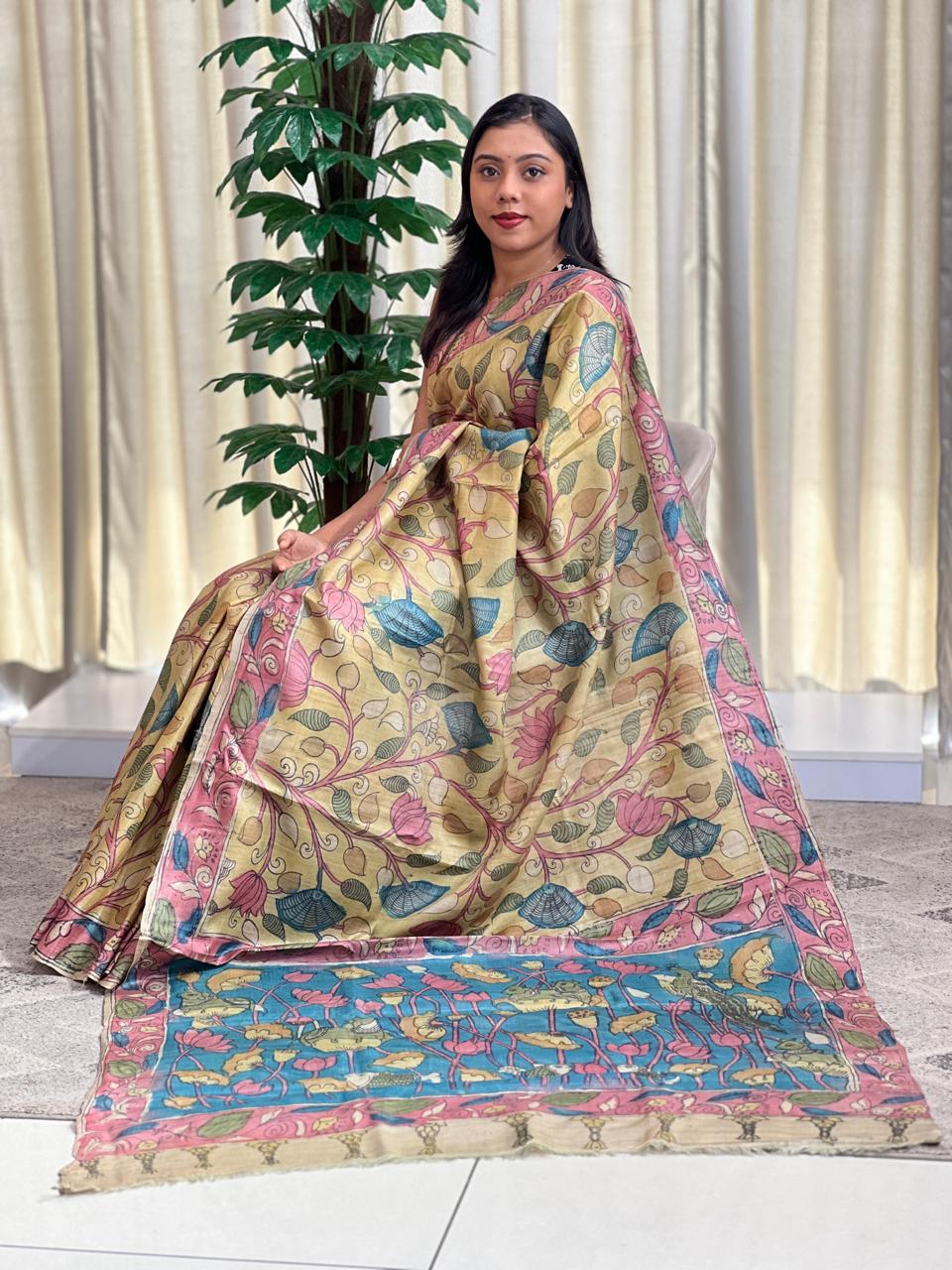 Traditional Pen Kalamkari Pure Desi Tussar Saree | SBS1451