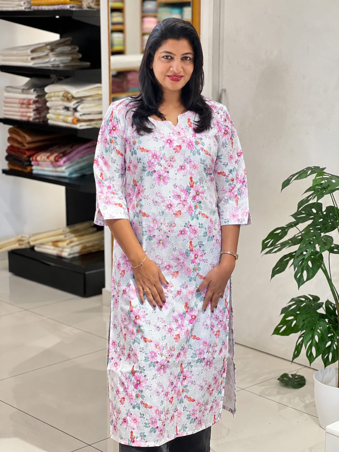 Floral Print With Schiffli Detailed Cotton Kurta | RMLA270
