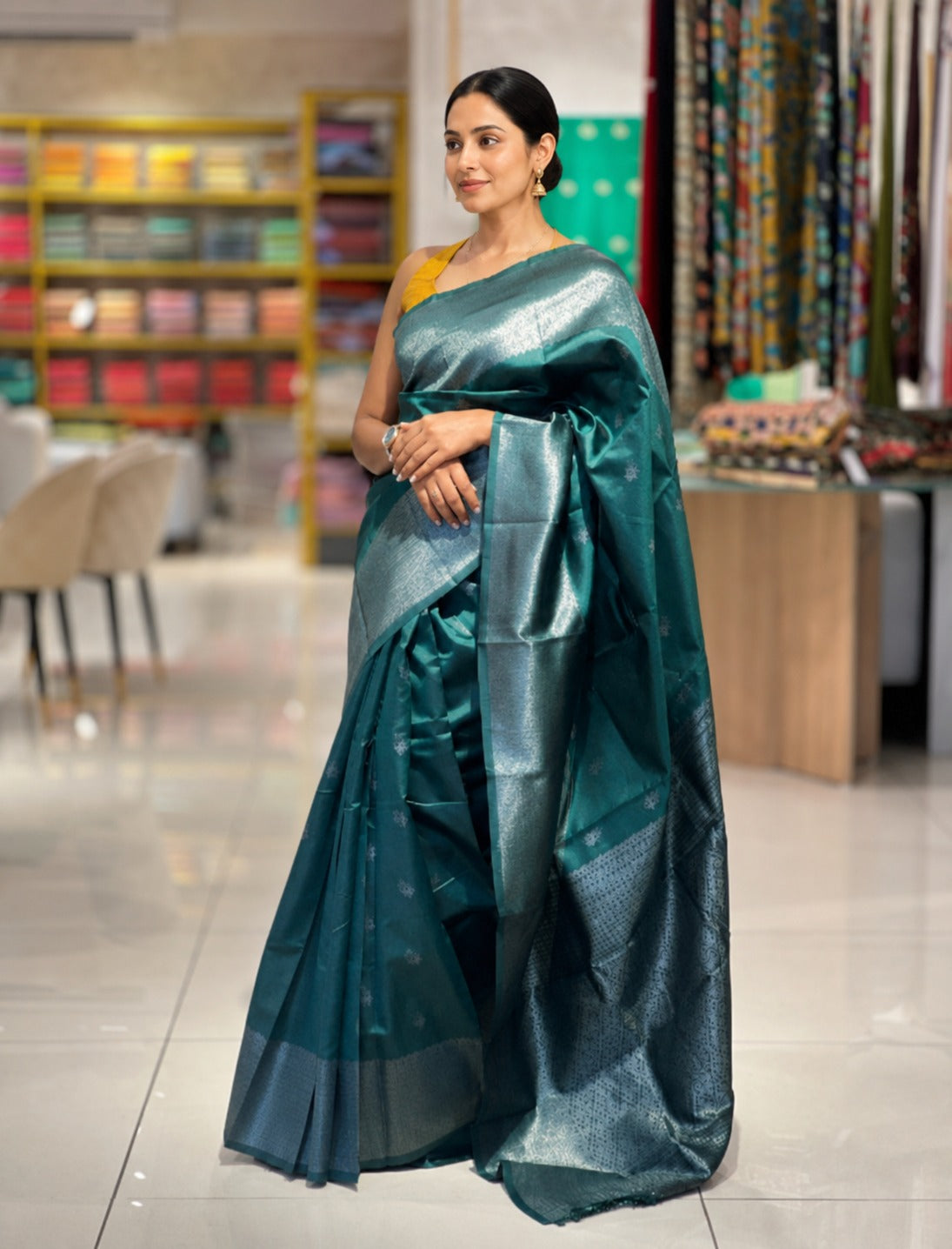 Traditional Silver Zari Buta Weaved Semi Silk Saree | HT157