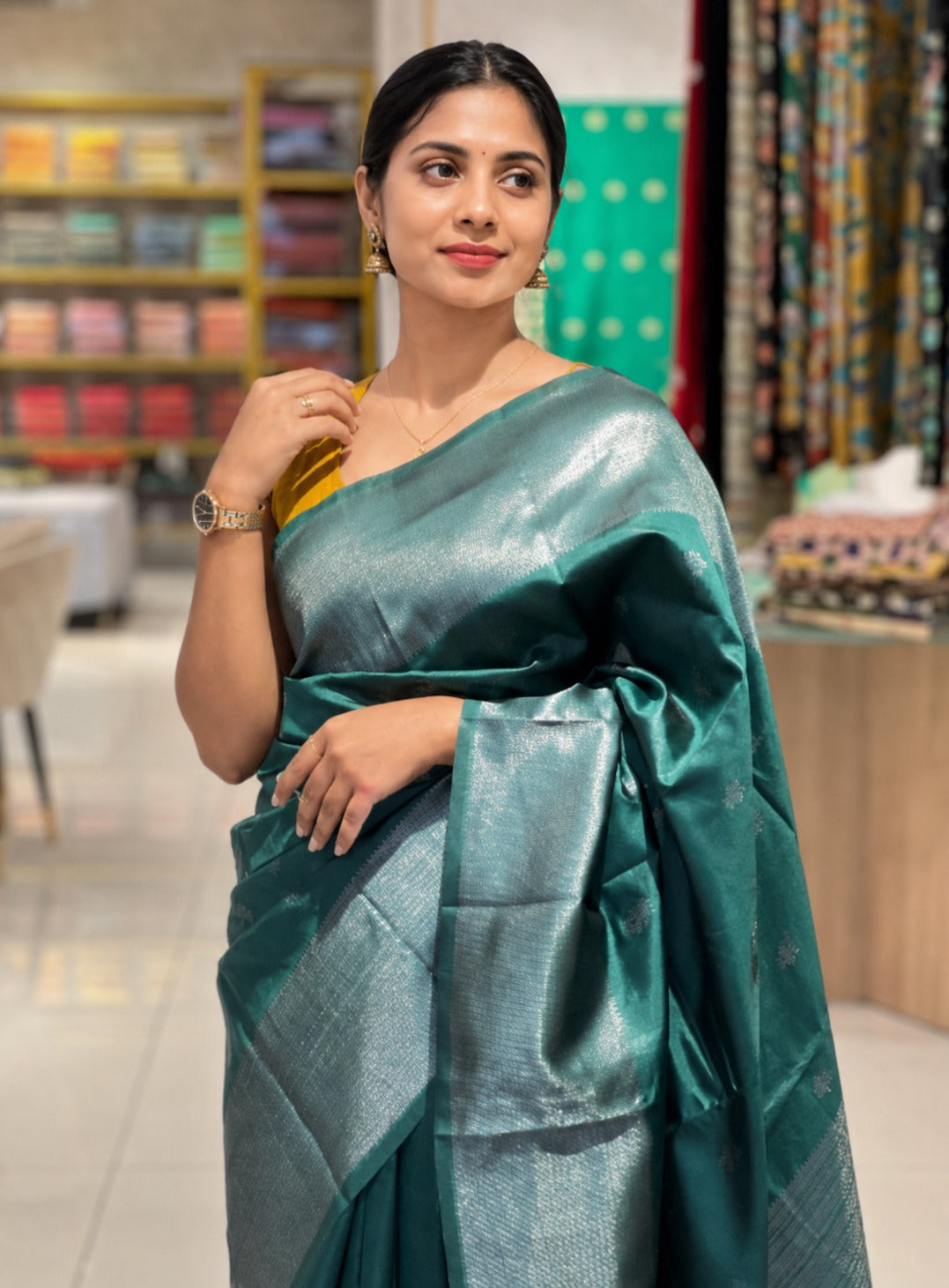 Traditional Silver Zari Buta Weaved Semi Silk Saree | HT157