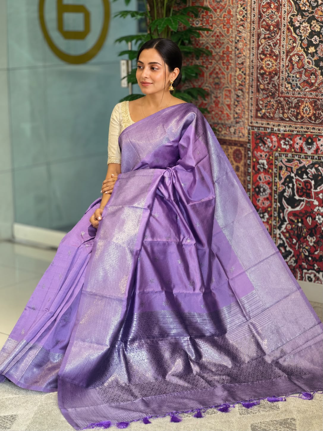 Traditional Silver Zari Buta Weaved Semi Silk Saree | HT159