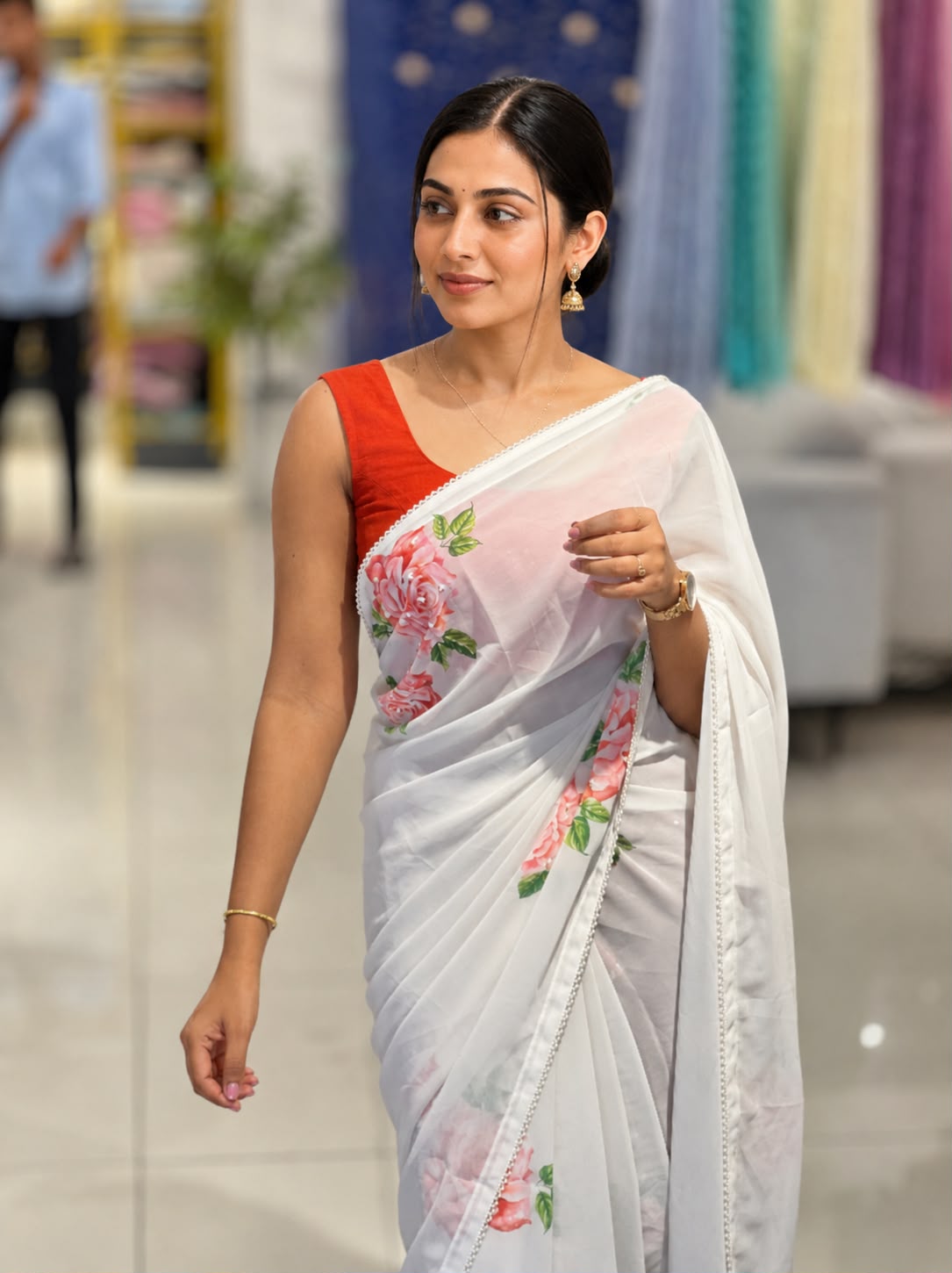 Floral Digital Print With Beads Highlighted Georgette Saree | HT207