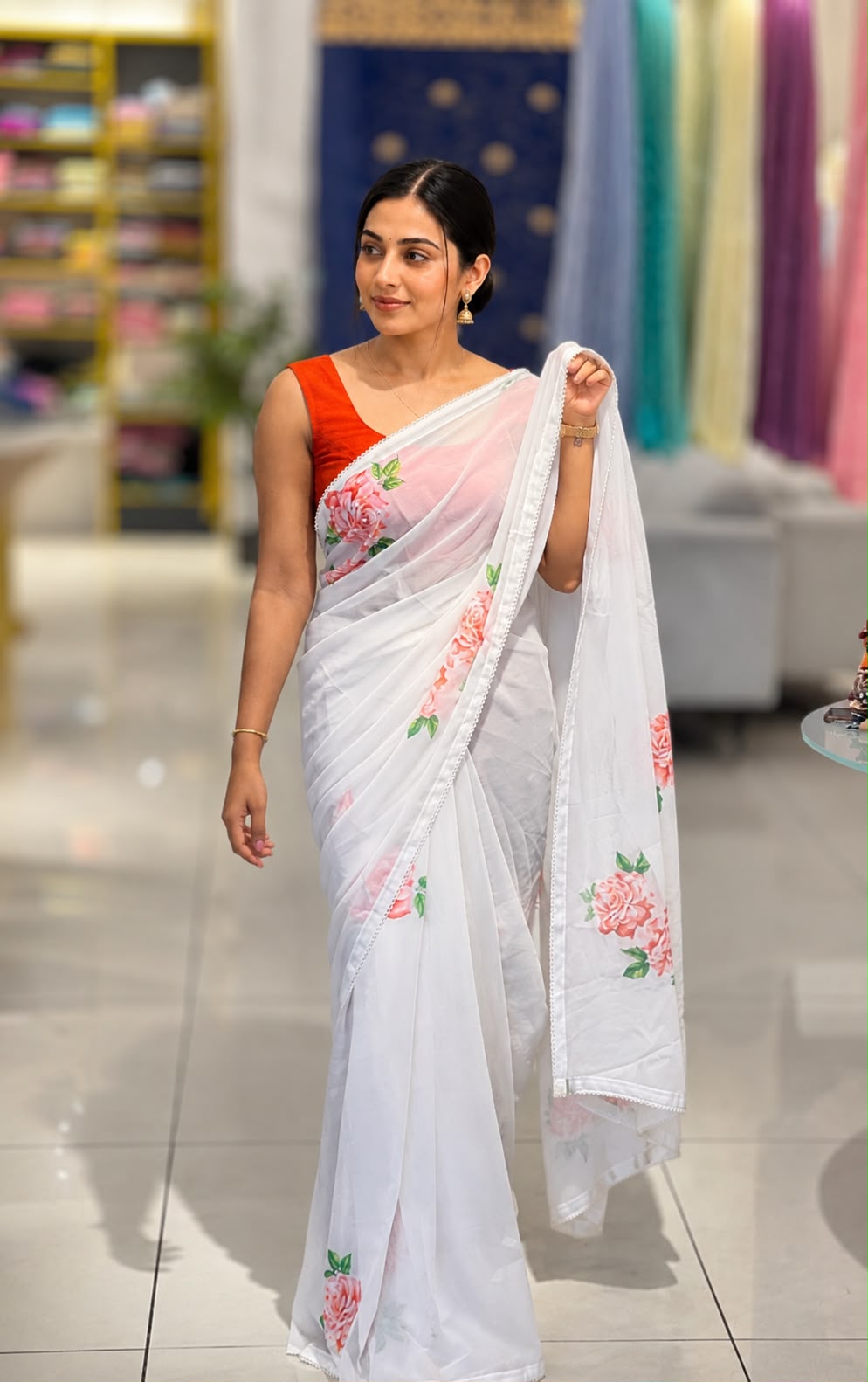 Floral Digital Print With Beads Highlighted Georgette Saree | HT207