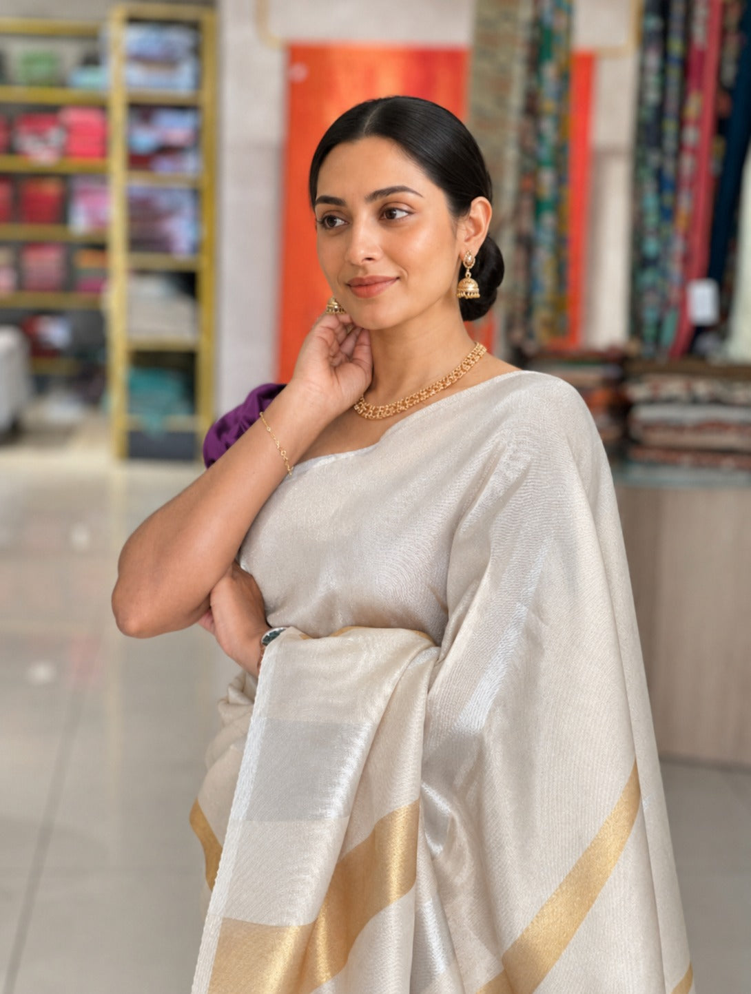 Silver & Golden Zari Detailed Semi Silk Saree | HT191