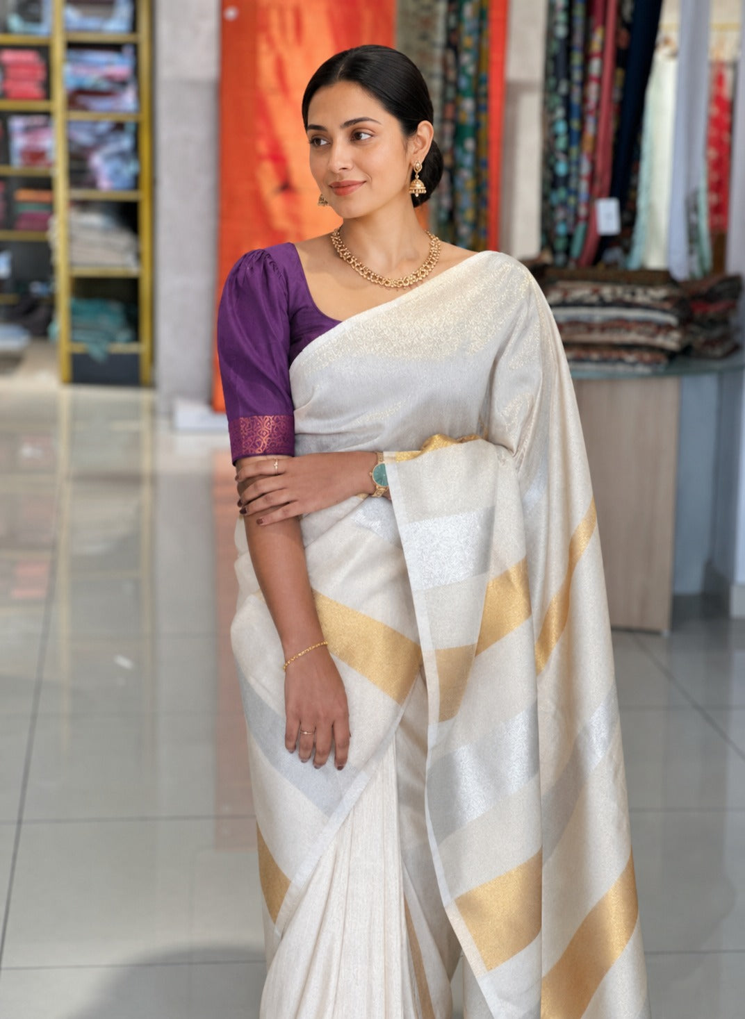 Silver & Golden Zari Detailed Semi Silk Saree | HT191