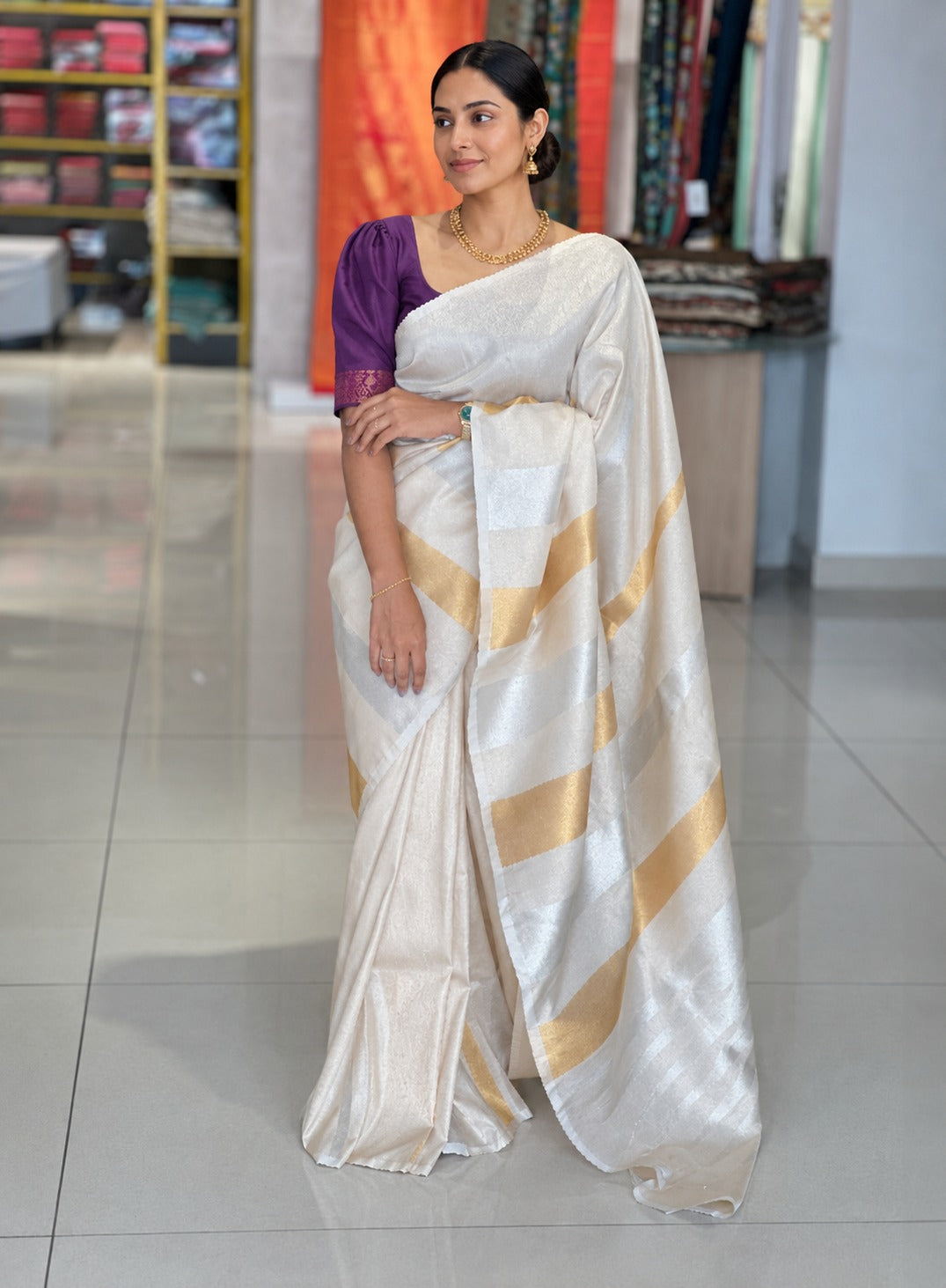 Silver & Golden Zari Detailed Semi Silk Saree | HT191