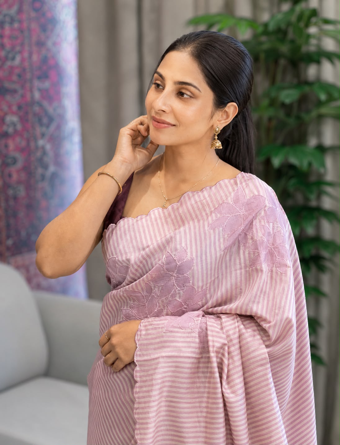 Floral Applique Placement Detailed Semi Tussar Saree | HT271