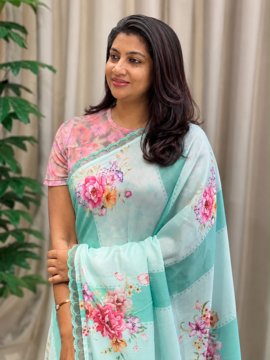 Floral Printed Semi Chanderi Saree | HT289