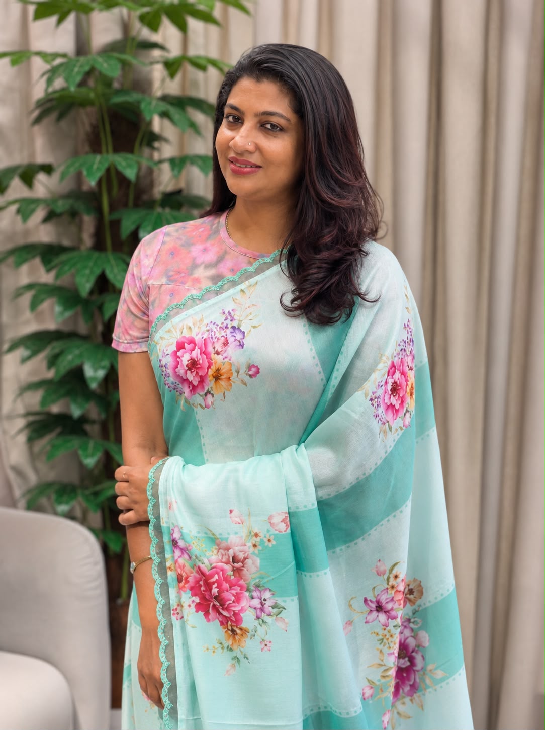 Floral Printed Semi Chanderi Saree | HT289