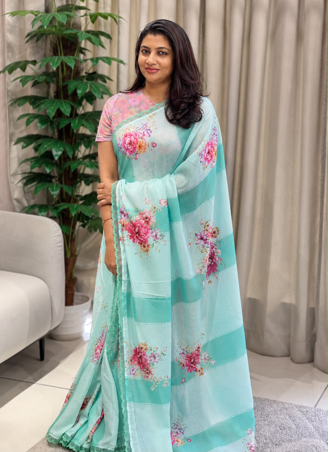 Floral Printed Semi Chanderi Saree | HT289