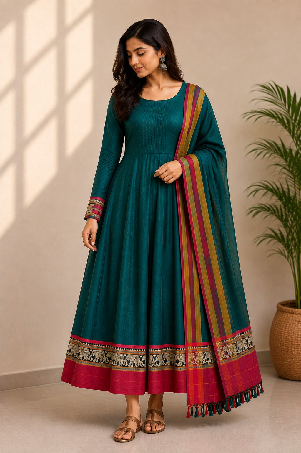 Elephant Motif Bordered Kanchi Cotton Dhavani Set | GAS107