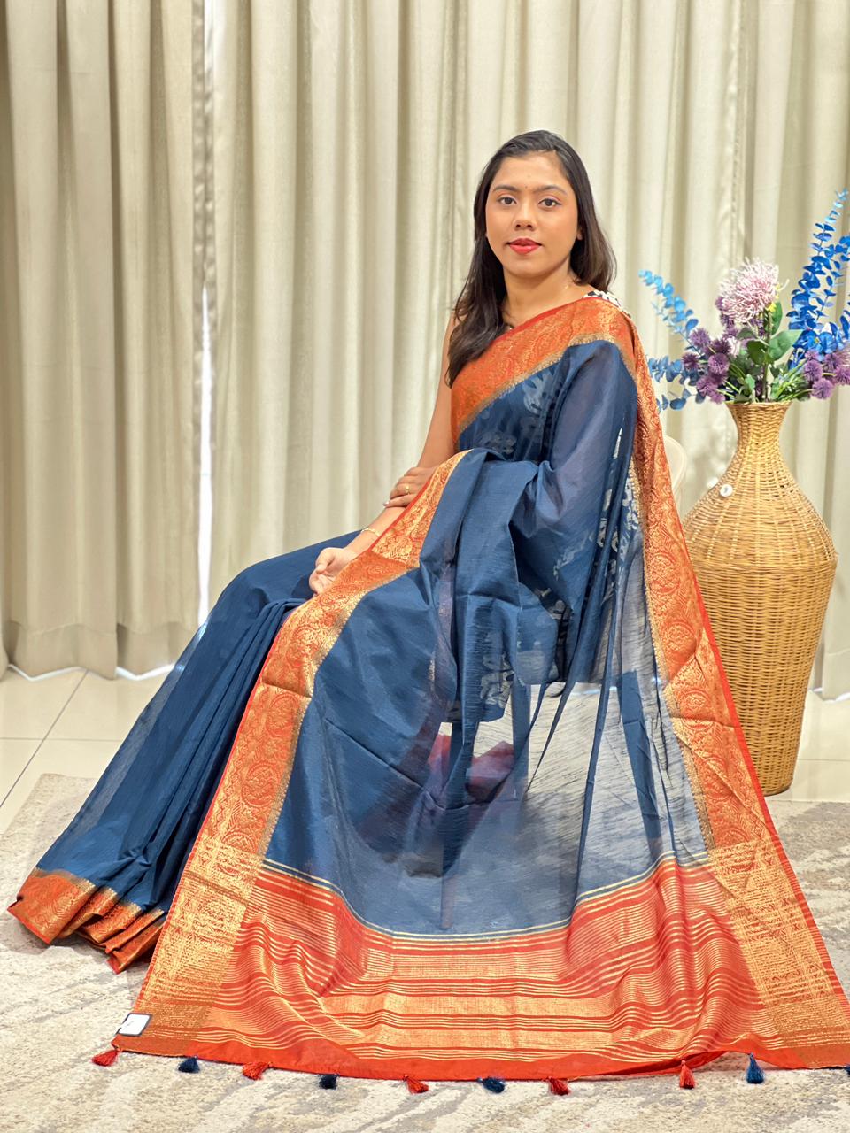Golden Zari Weaved Border Pattern Cotton Silk Saree | ZSS313
