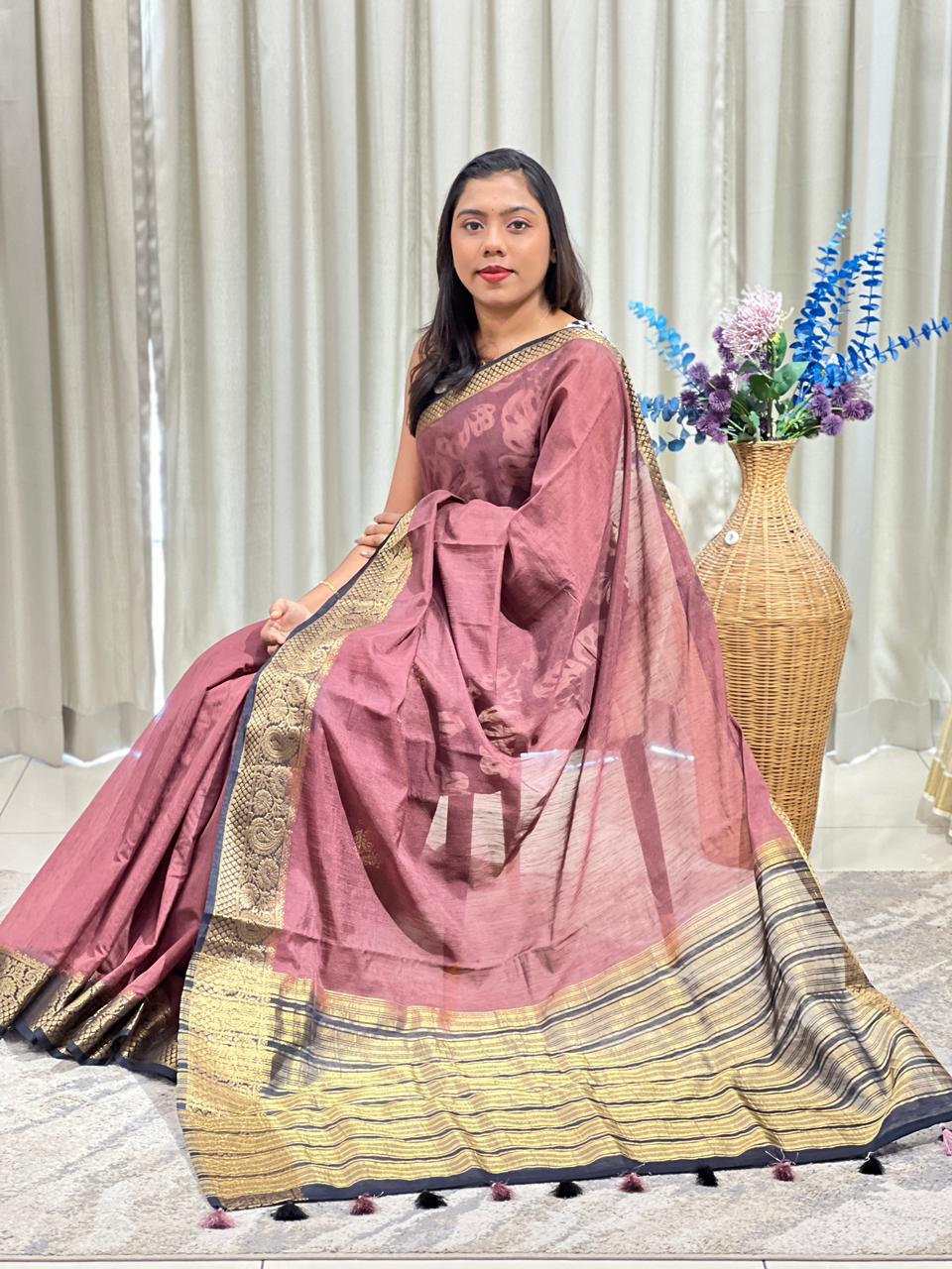 Golden Zari Weaved Border Pattern Cotton Silk Saree | ZSS347