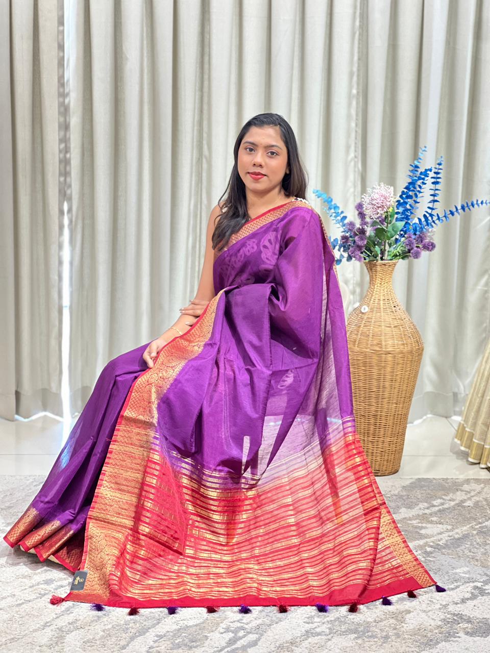 Golden Zari Weaved Border Pattern Cotton Silk Saree | ZSS337