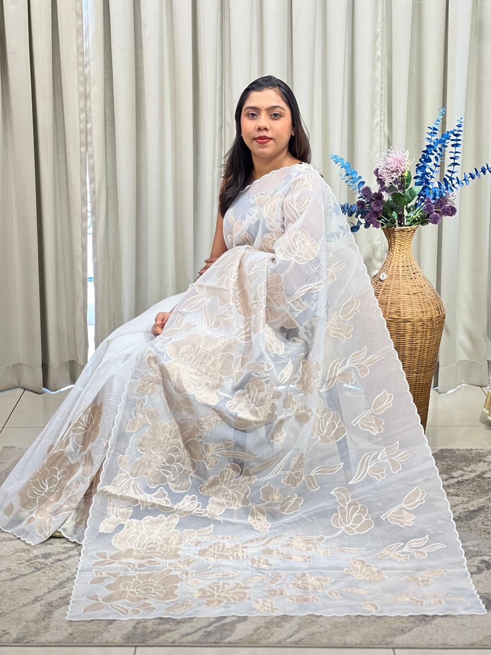 Floral Applique Viscose Organza Saree | ZSS270