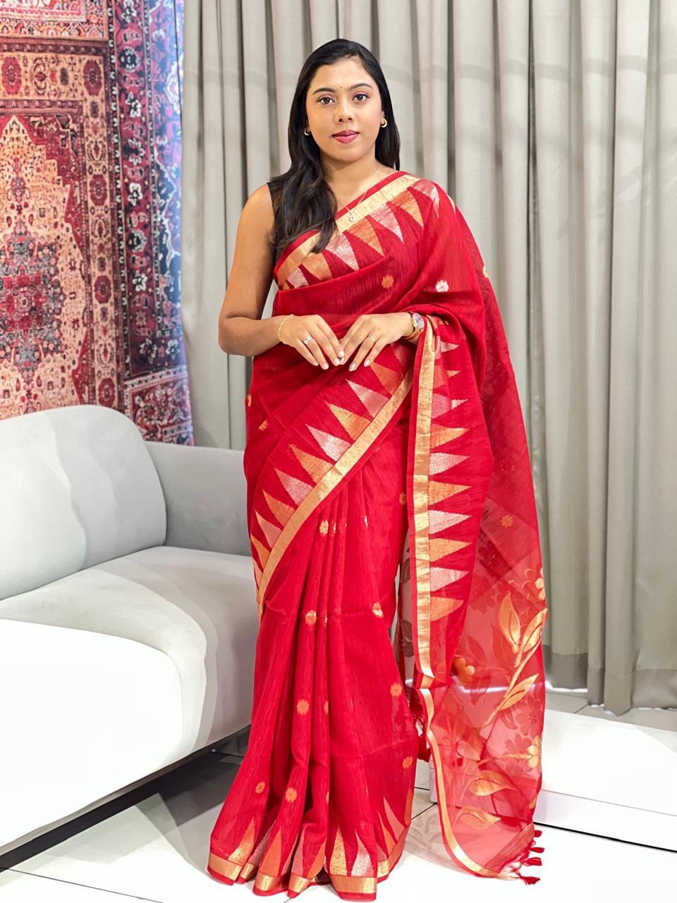 Temple Border Pattern Jute Finish Saree | SSN587