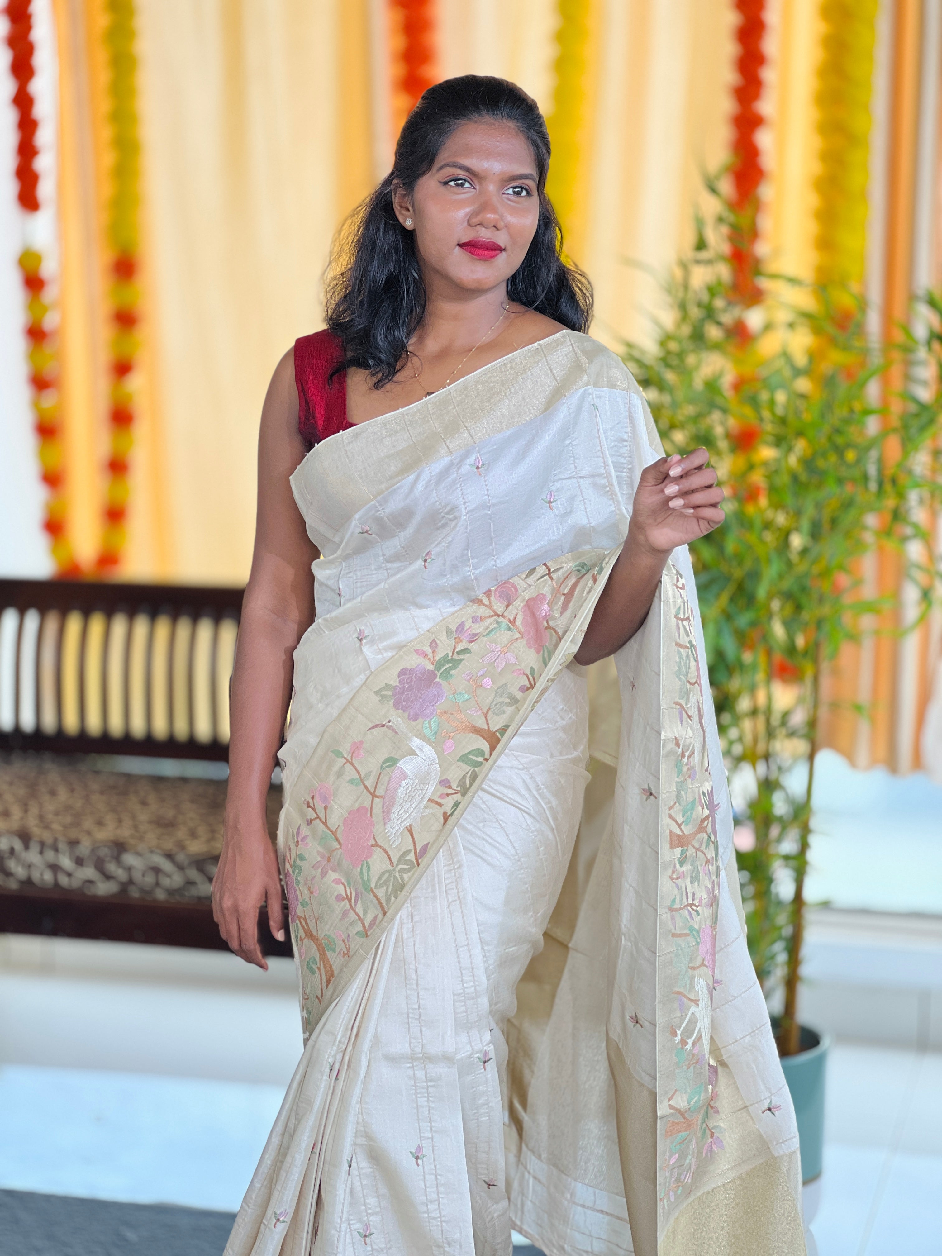 Machine Embroidered Tussar Finish Saree | GAR149