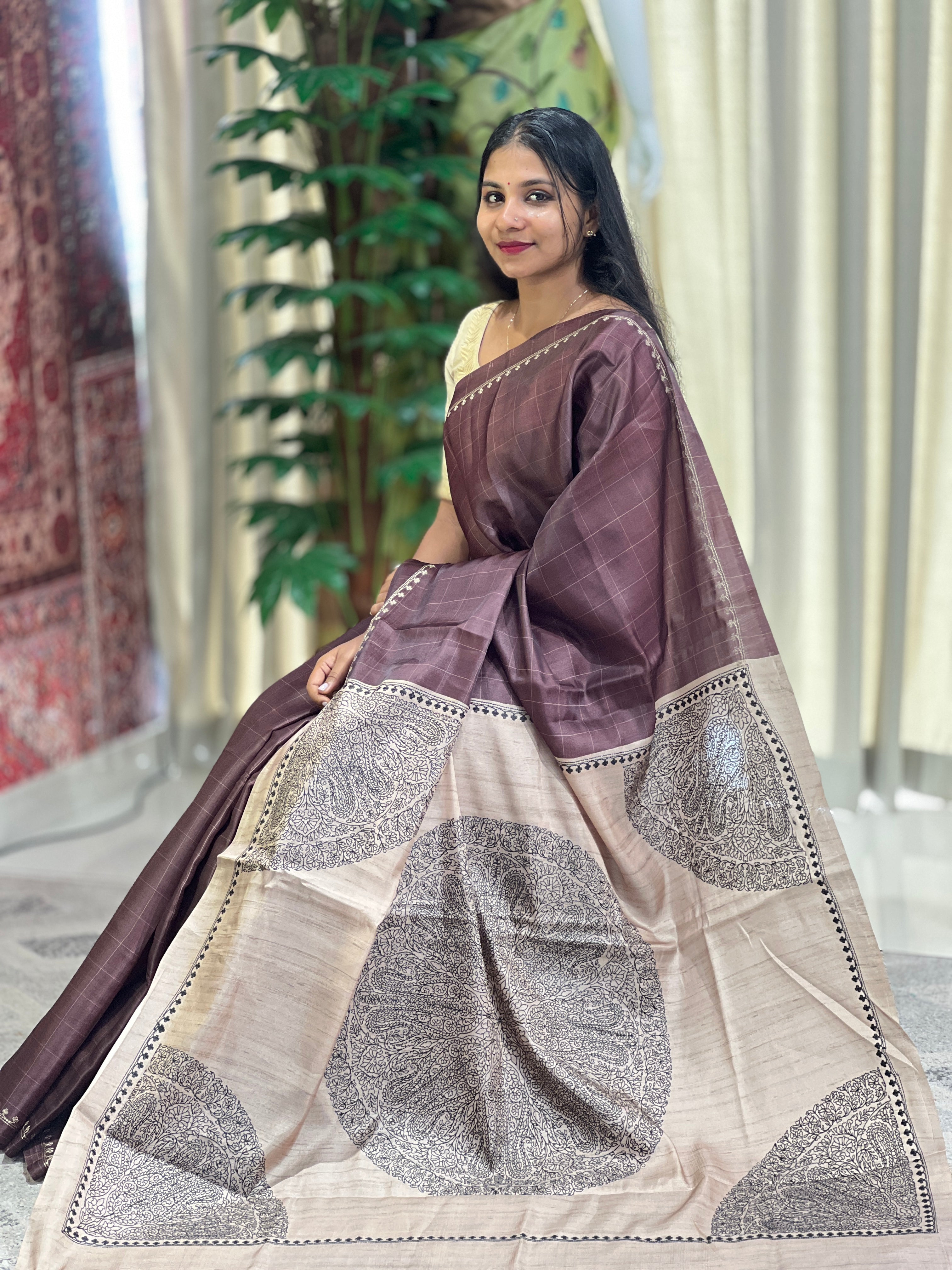 Print With Thread Embroidery Detailed Semi Tussar Saree | SUN312