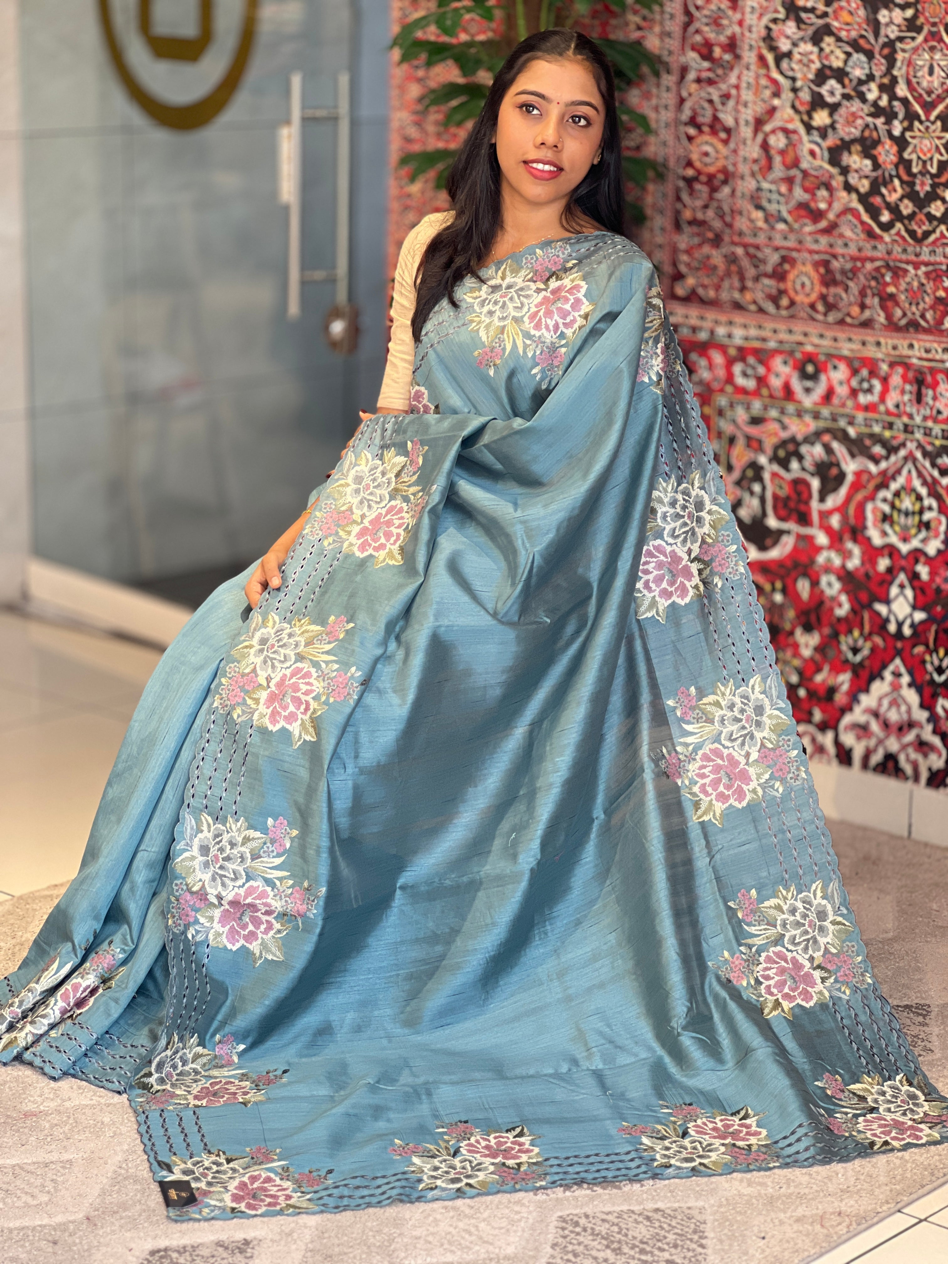 Floral Embroidery With Cut Work Detailed Tussar Finish Saree | SUN355