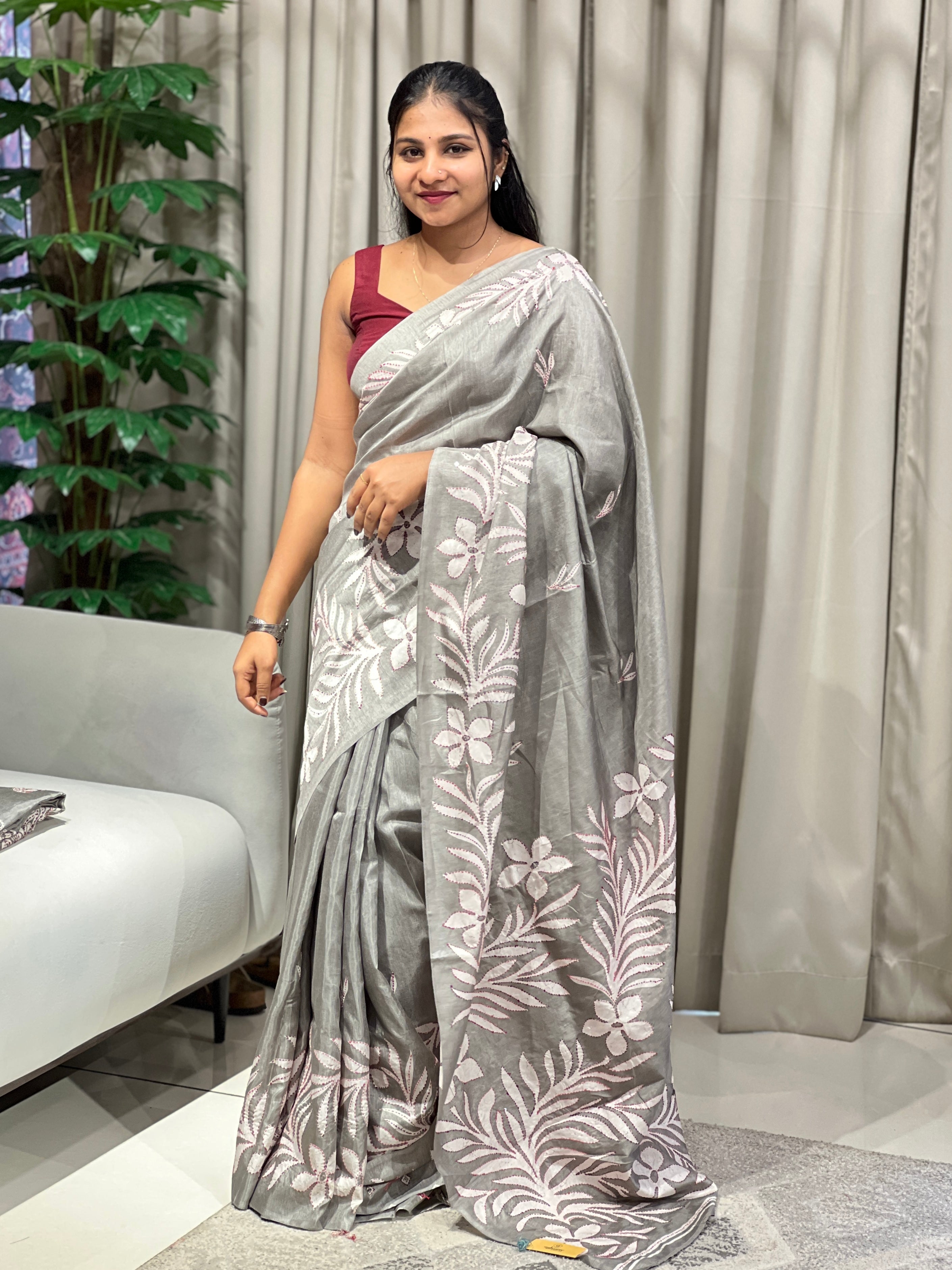 Floral Print With Kantha Highlighted Semi Tussar Saree | GAR158