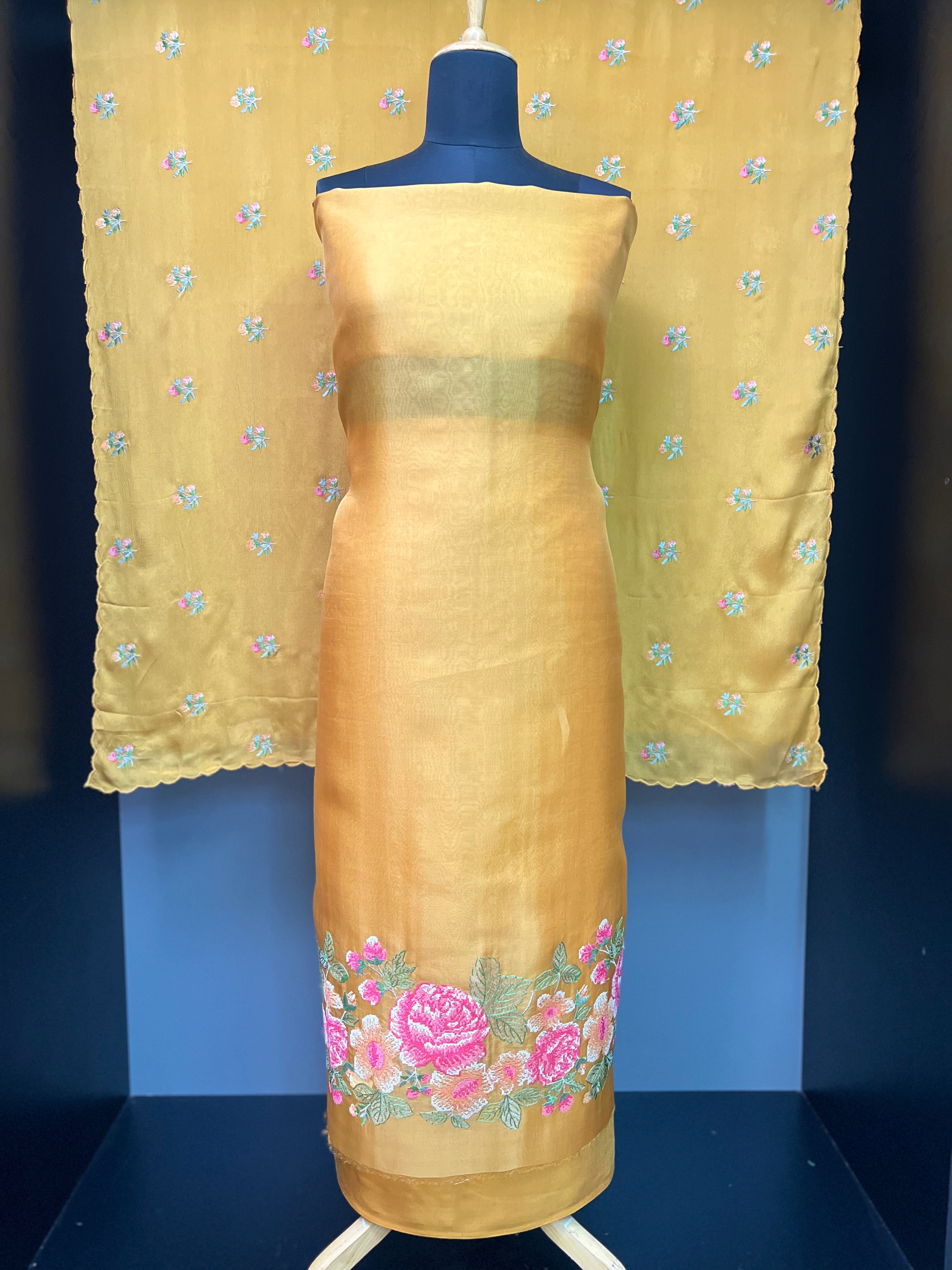 Cross Stitch Multi Colour Floral Embroidered Pure Organza Salwar Set | SBS1318