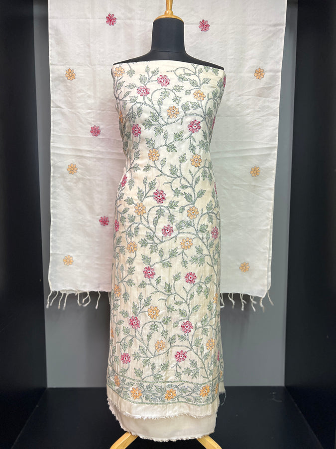 Floral Hand Embroidered Pure Tussar Salwar Set | SBS1312