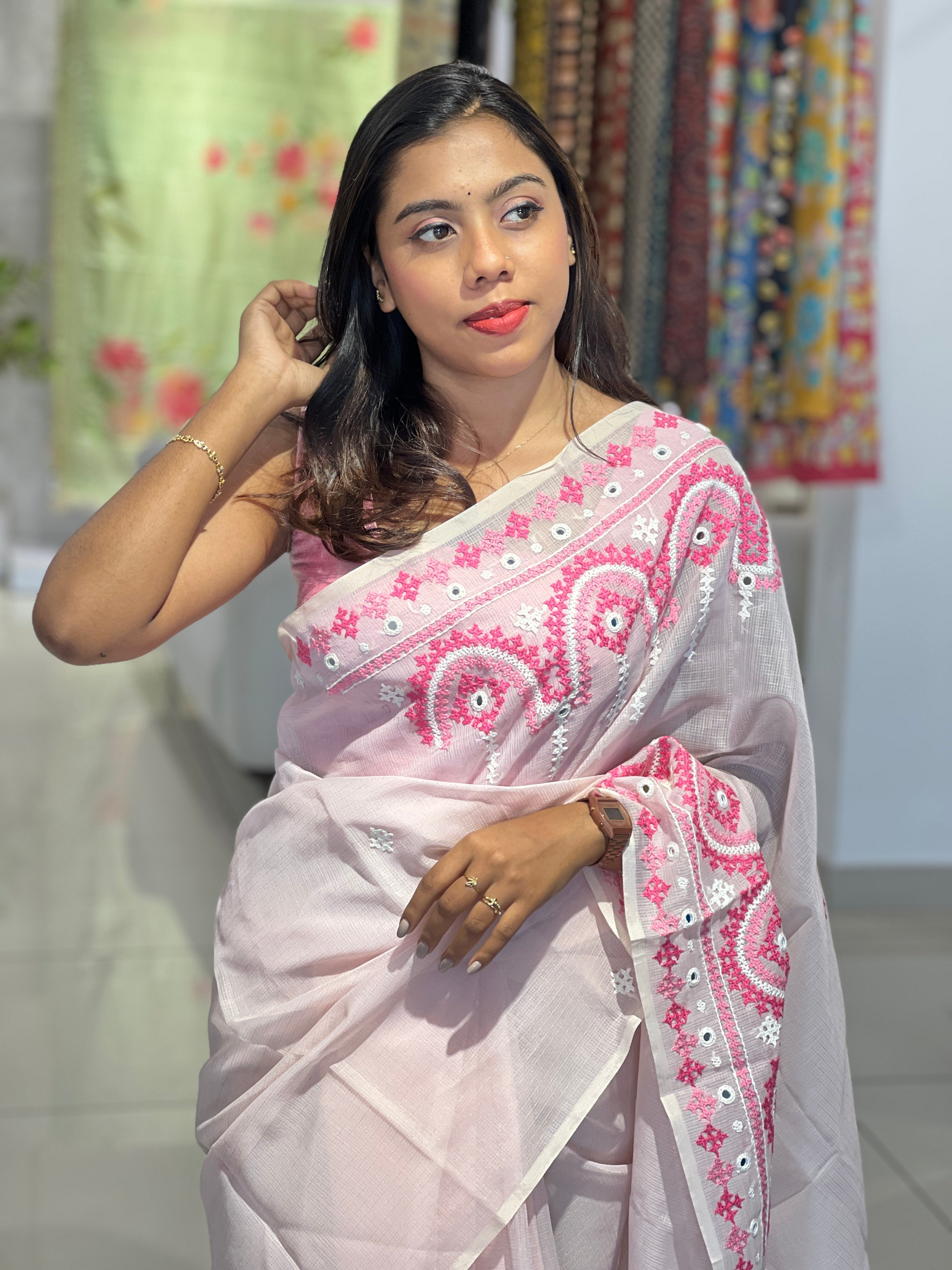 Kutch Work With Mirror Detailed Kota Saree | JSC334
