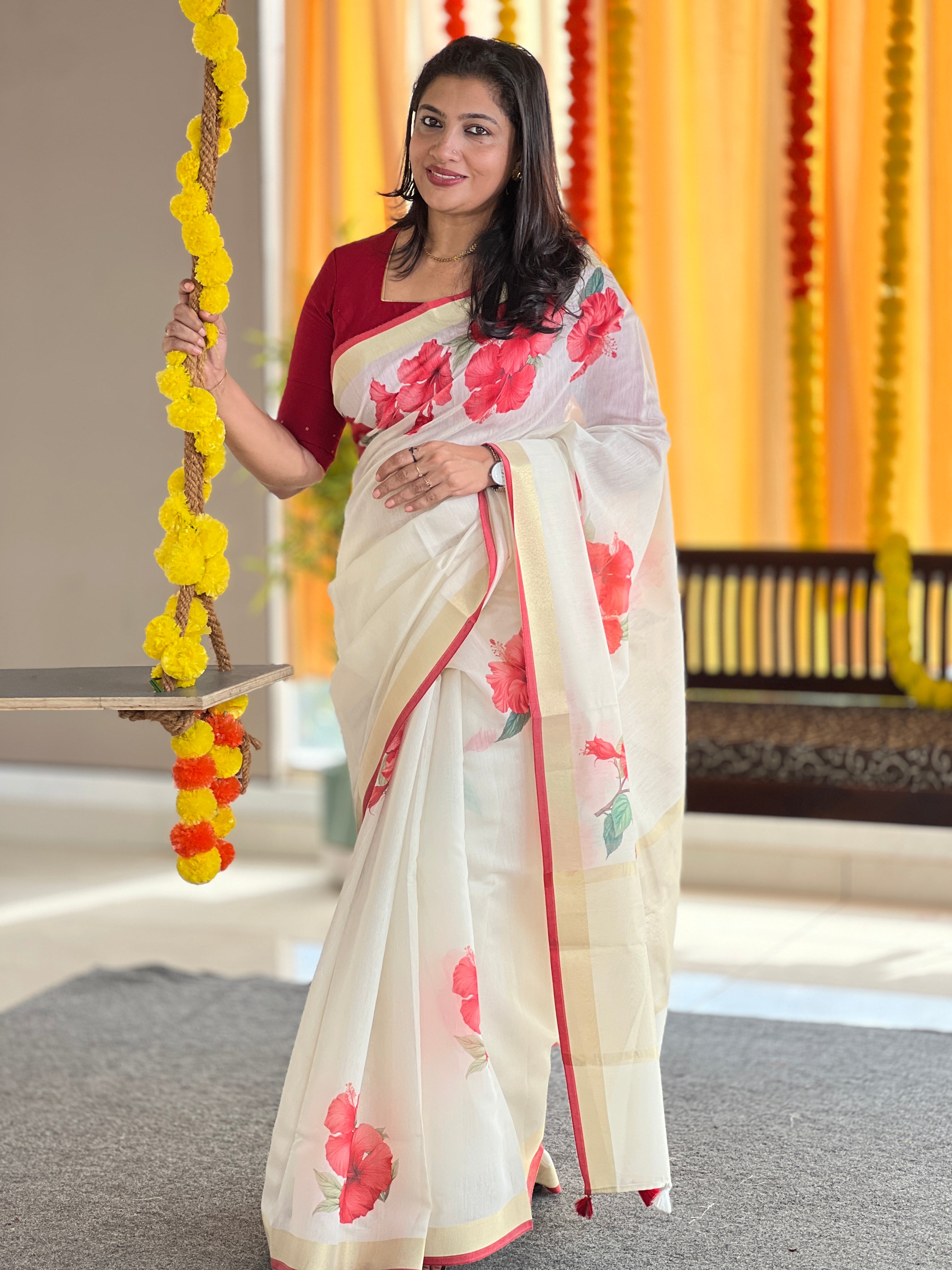 Digital Printed Floral Patterned Banarasi Chanderi Saree | MR152