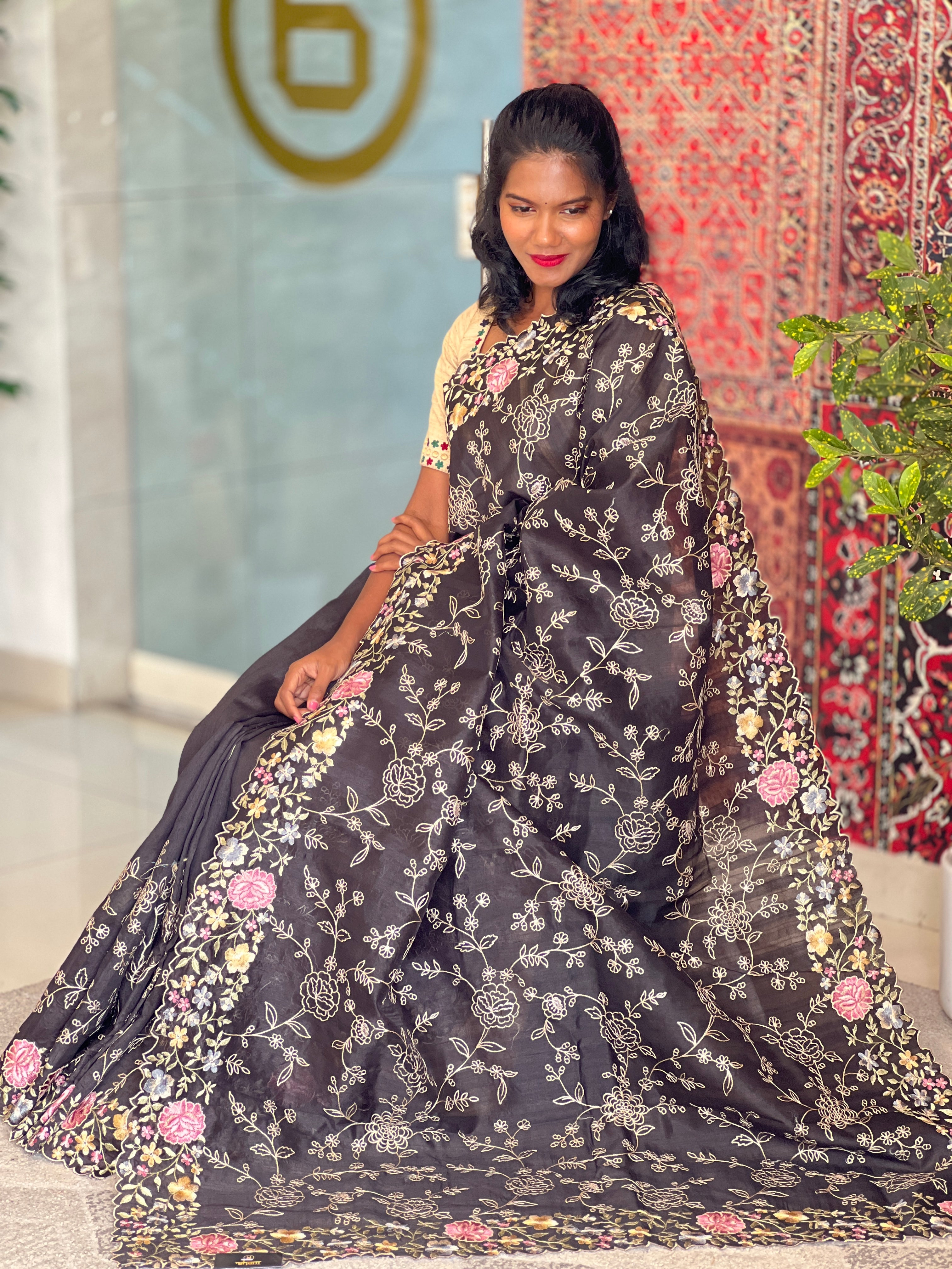 Machine Embroidery Semi Tussar Saree | DVS205