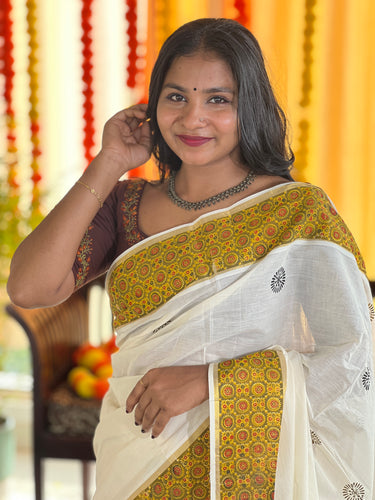 Block Printed  Kerala Cotton Saree | KL371