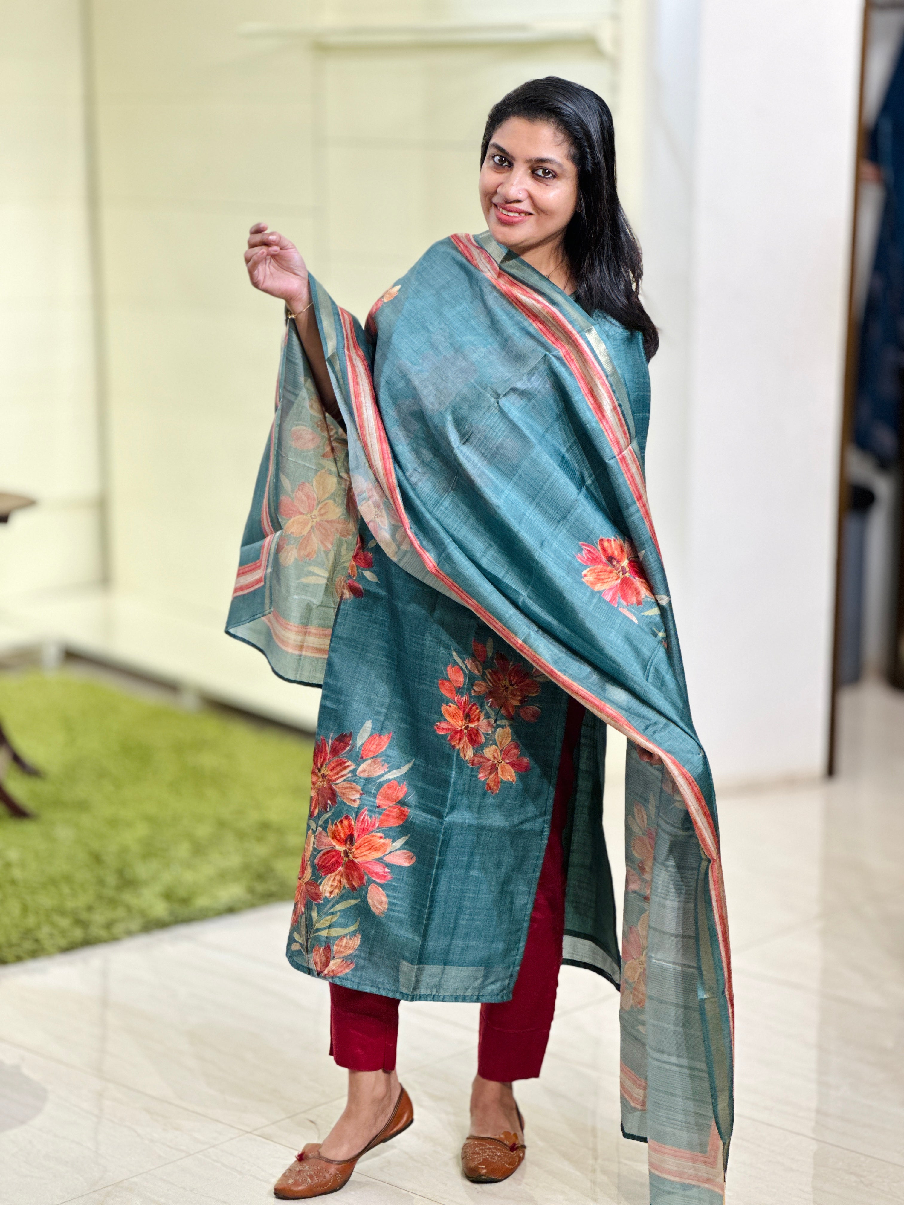 Floral Digital Printed Unstitched Semi Tussar Salwar Set (Without Bottom) | SSN438