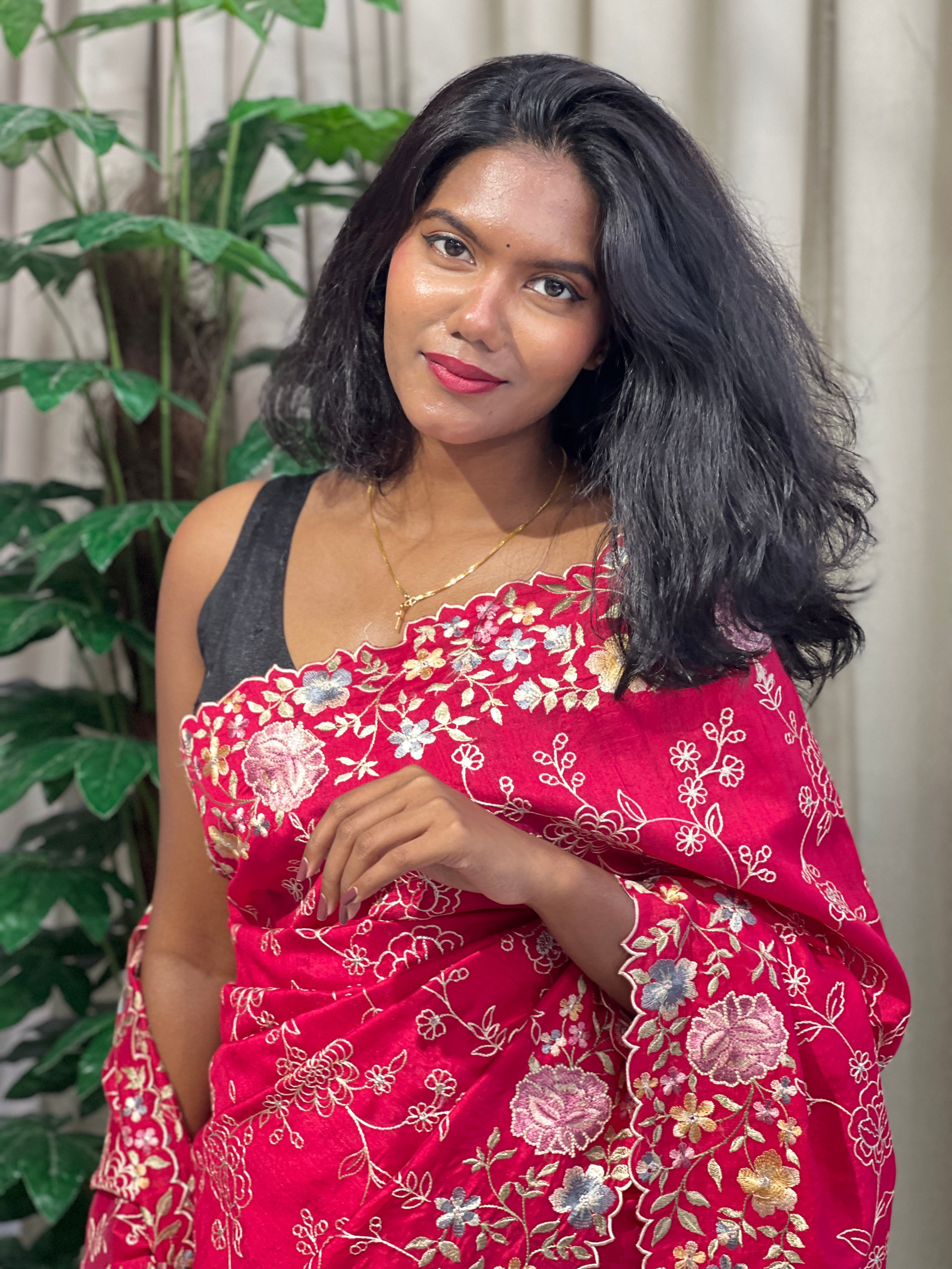 Floral Machine Embroidery Detailed Semi Tussar Saree | DVS263