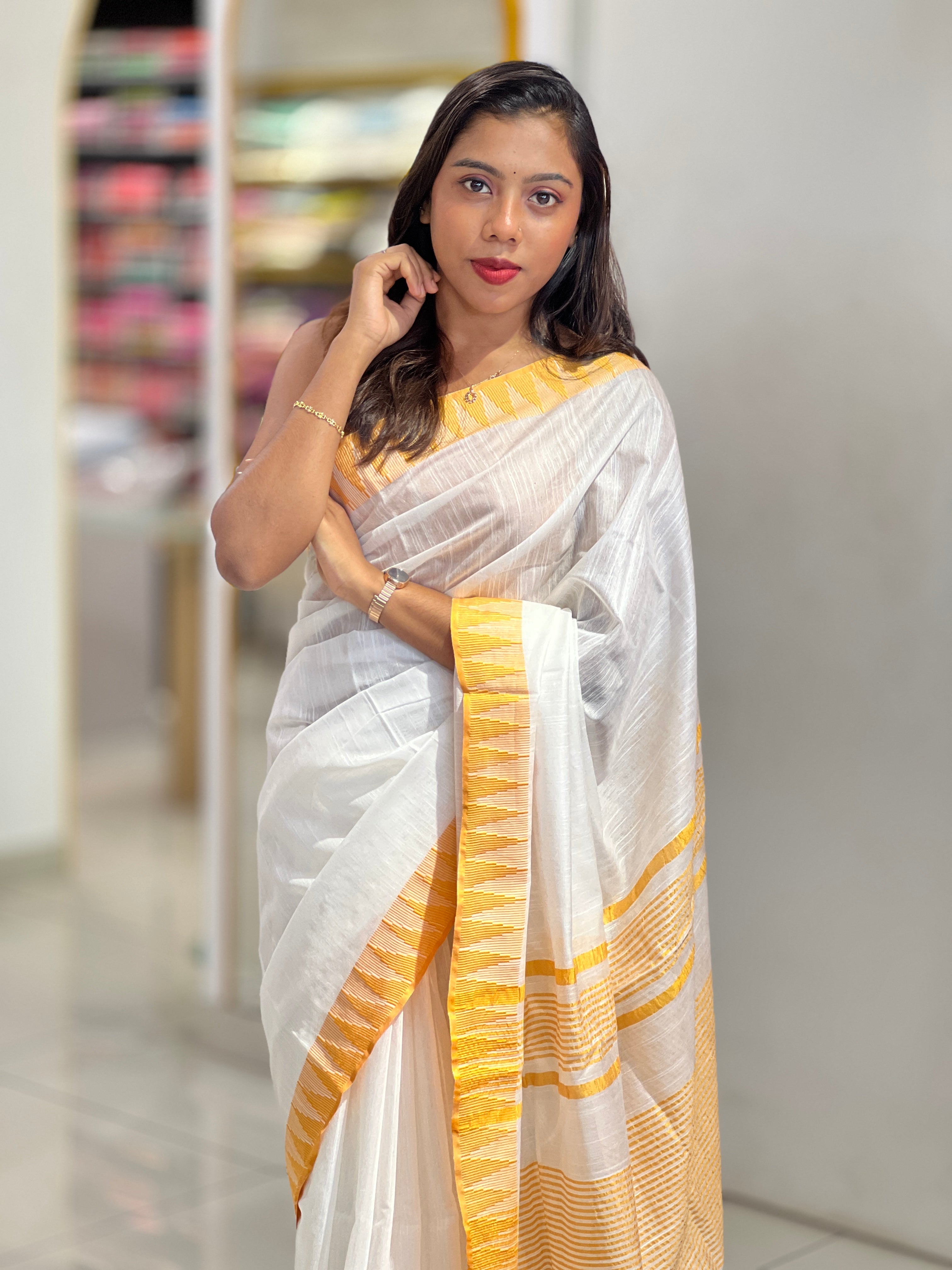 Temple Border Detailed Bhagalpuri Linen Saree | NHH247