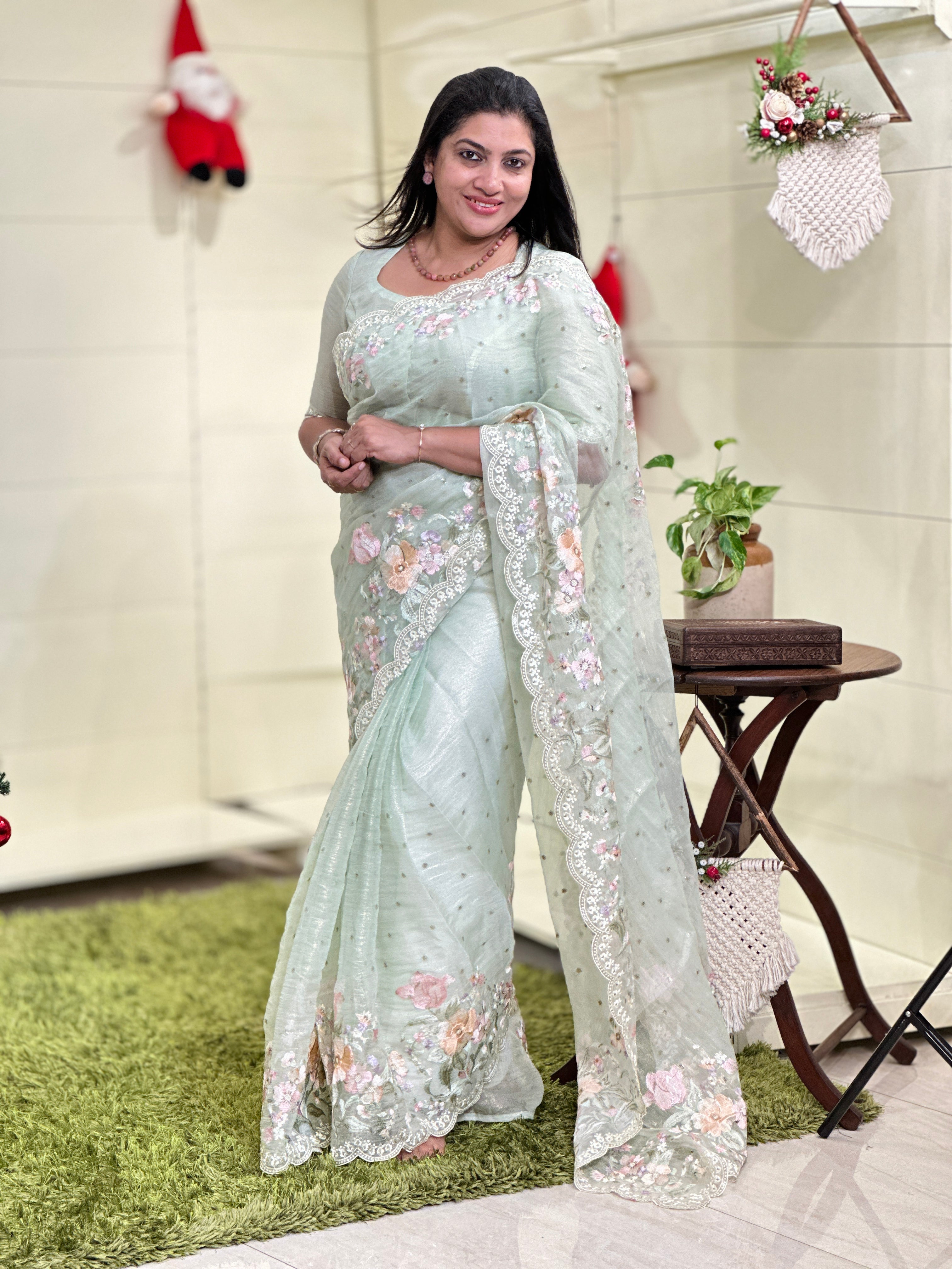 Multicolour Floral Machine Embroidery Detailed Crushed Viscose Organza Saree | BLD1687