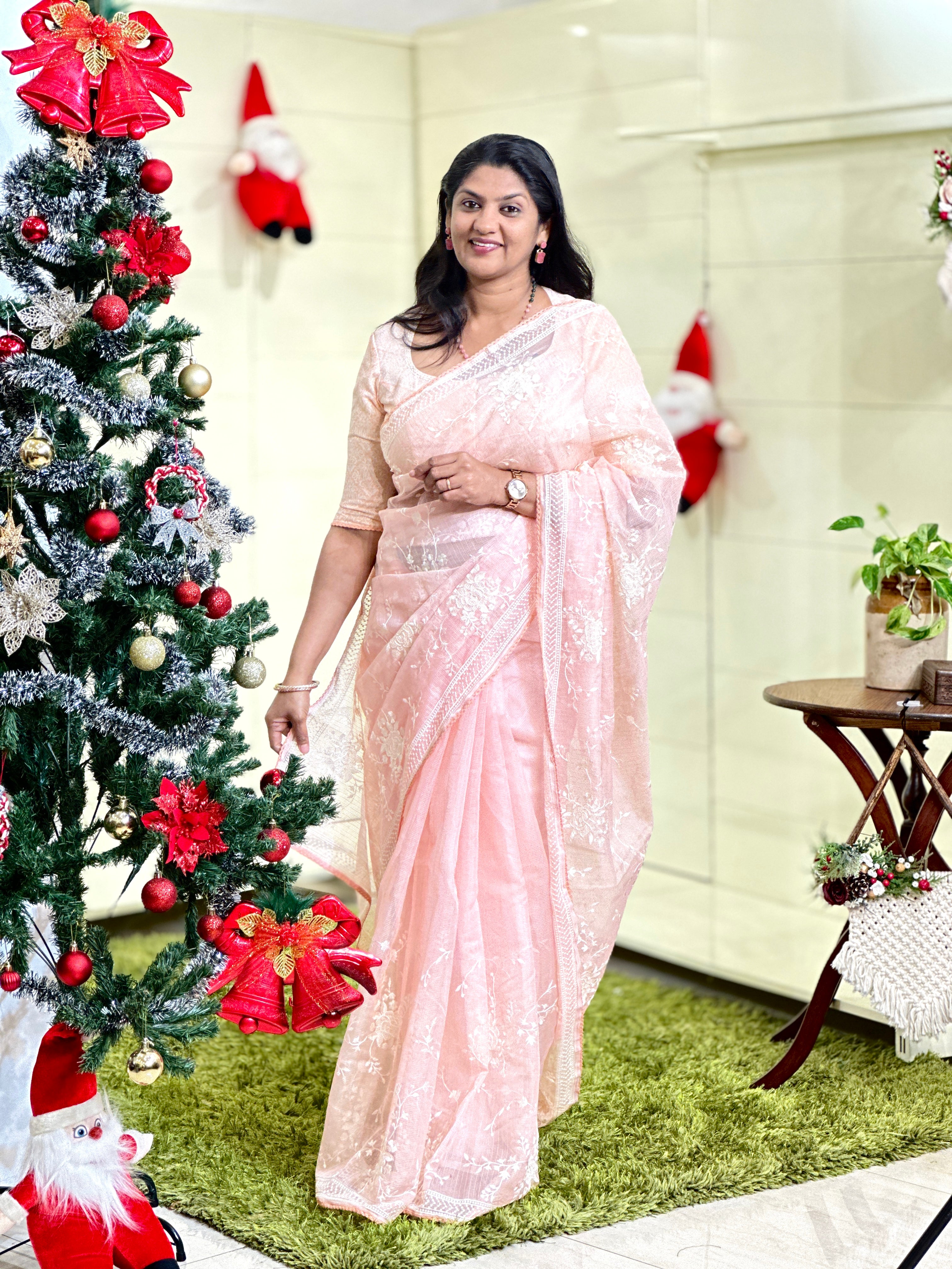 Machine Embroidery Detailed Check Organza Saree | BLD1557