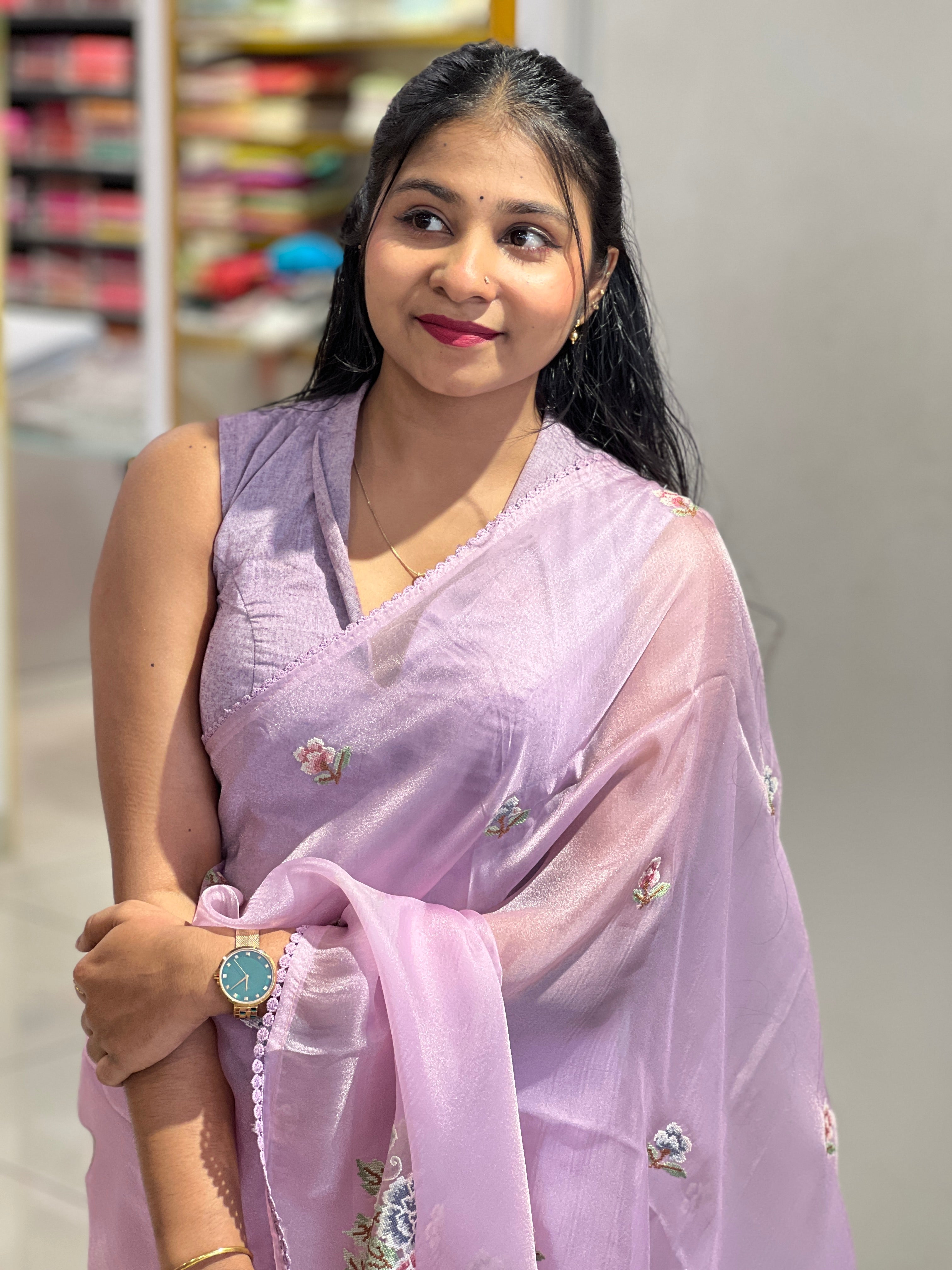 Floral Cross Stitch Embroidered Shimmer Organza Saree | BLD1494