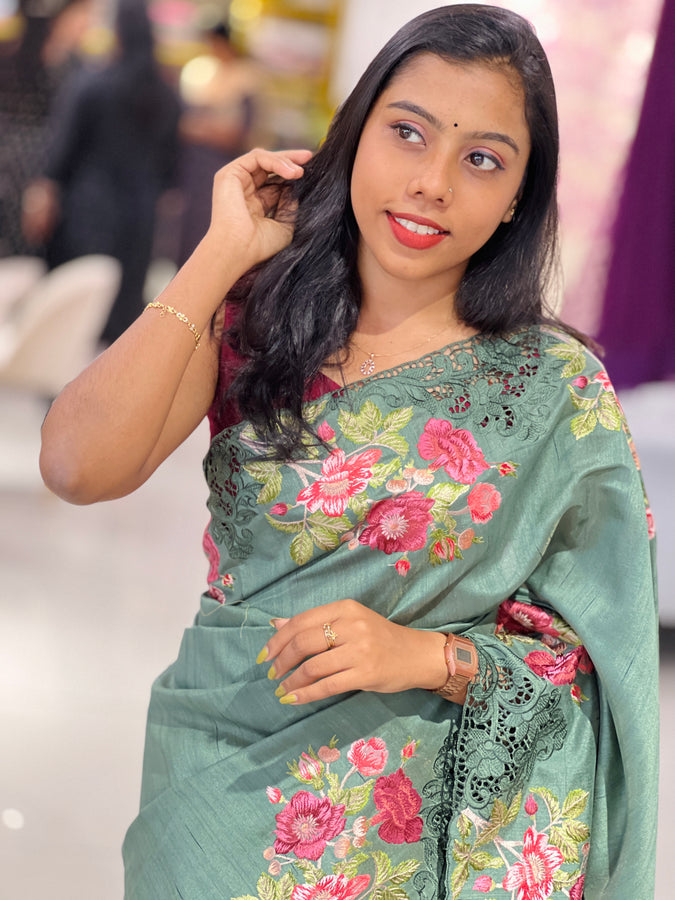 Cutwork Floral Embroidery Semi Tussar Saree | SUN433
