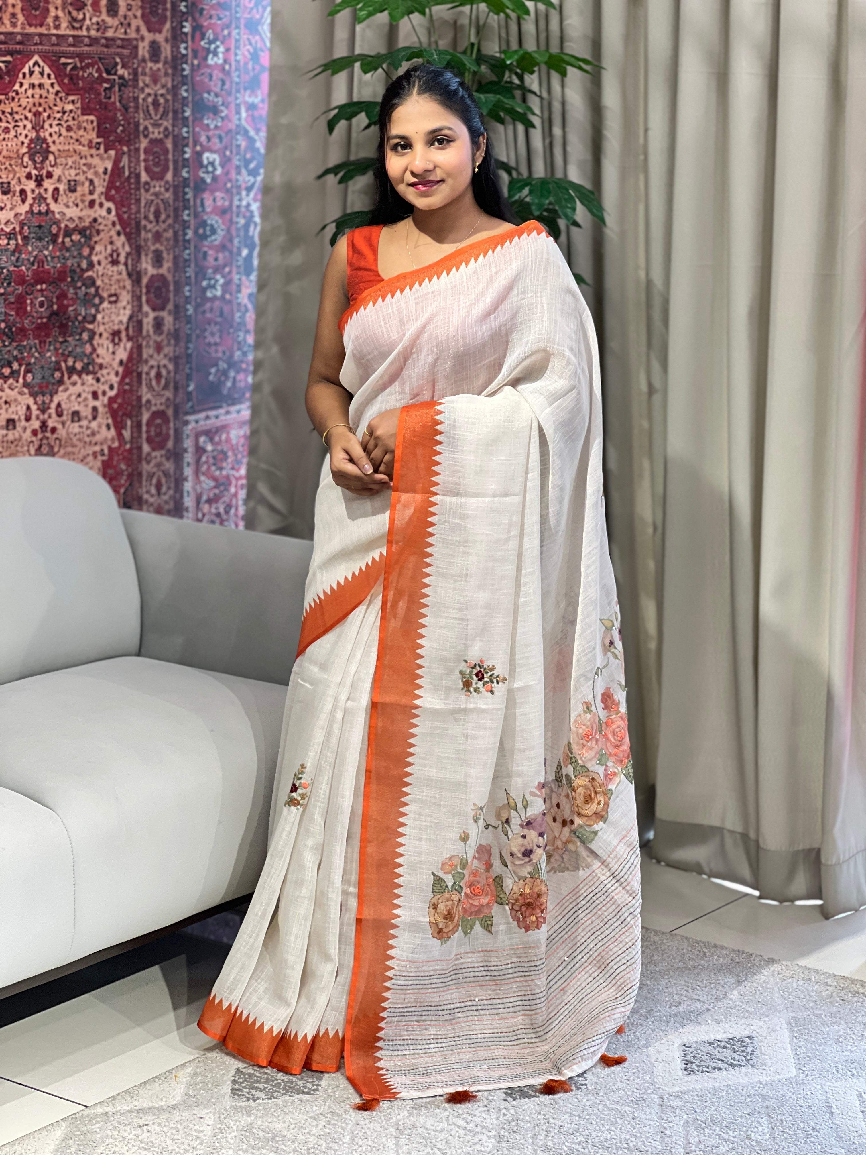 Print With Hand Embroidery Detailed Tissue Linen Saree | BLD1536