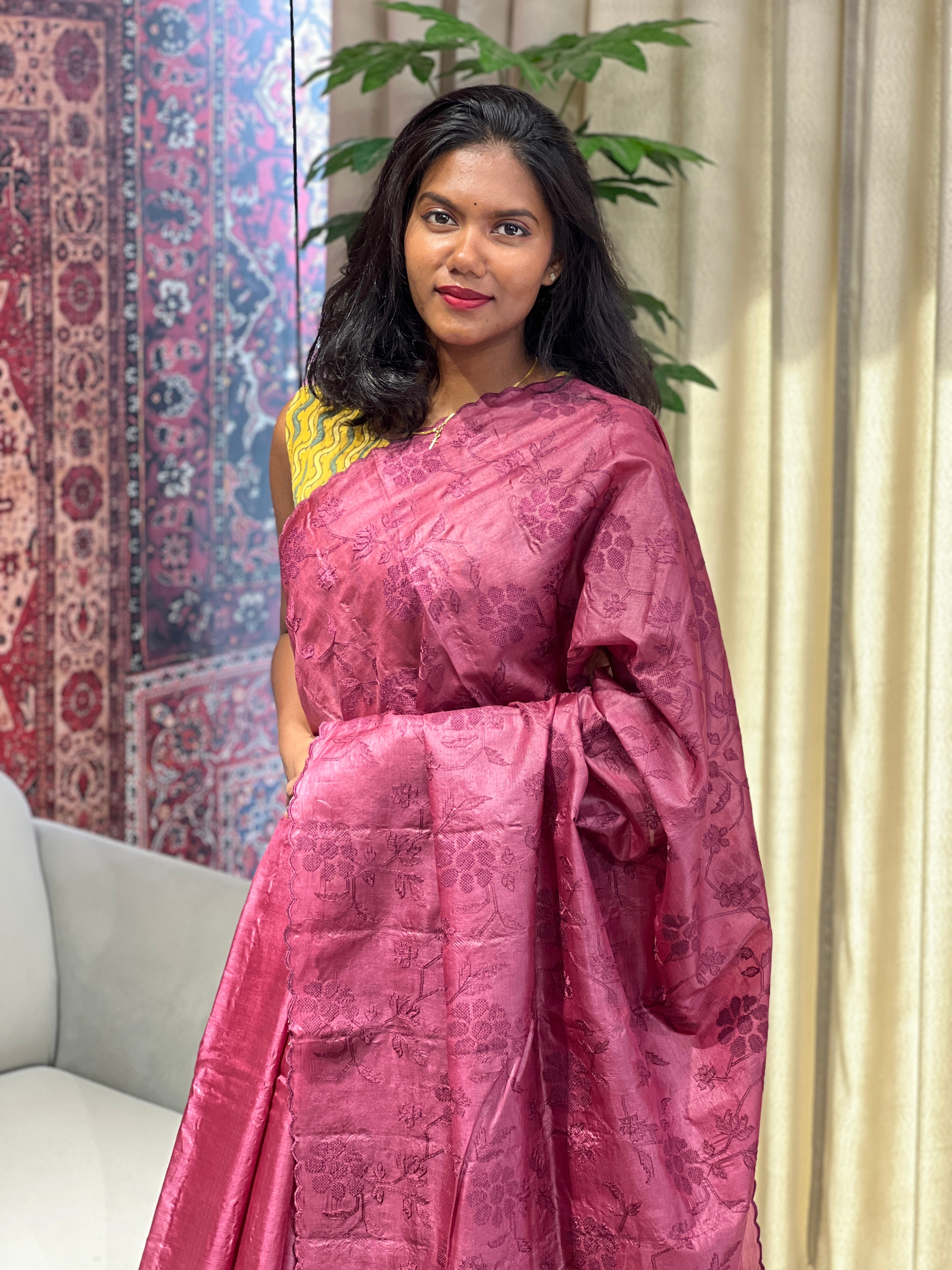 Floral Cross Stitch Embroidery Detailed Tussar Saree | YNG635