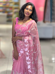 Floral Applique Work Detailed Organza Saree | MM140
