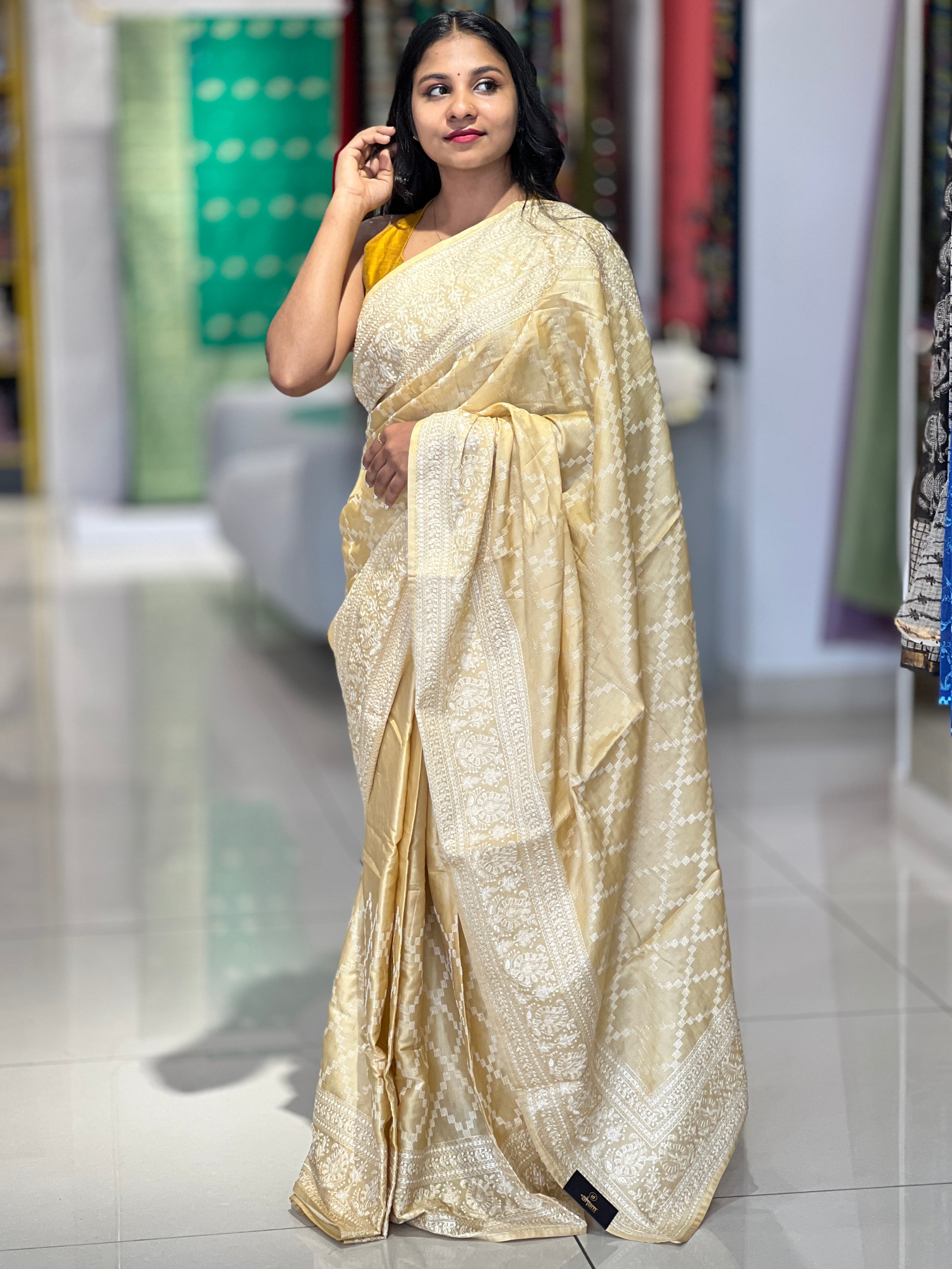 Machine Embroidery Geometric Patterned Tussar Finish Saree | SUN371