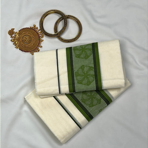 Green Block Printed Kerala Cotton Double Set Dhothie | GAT147