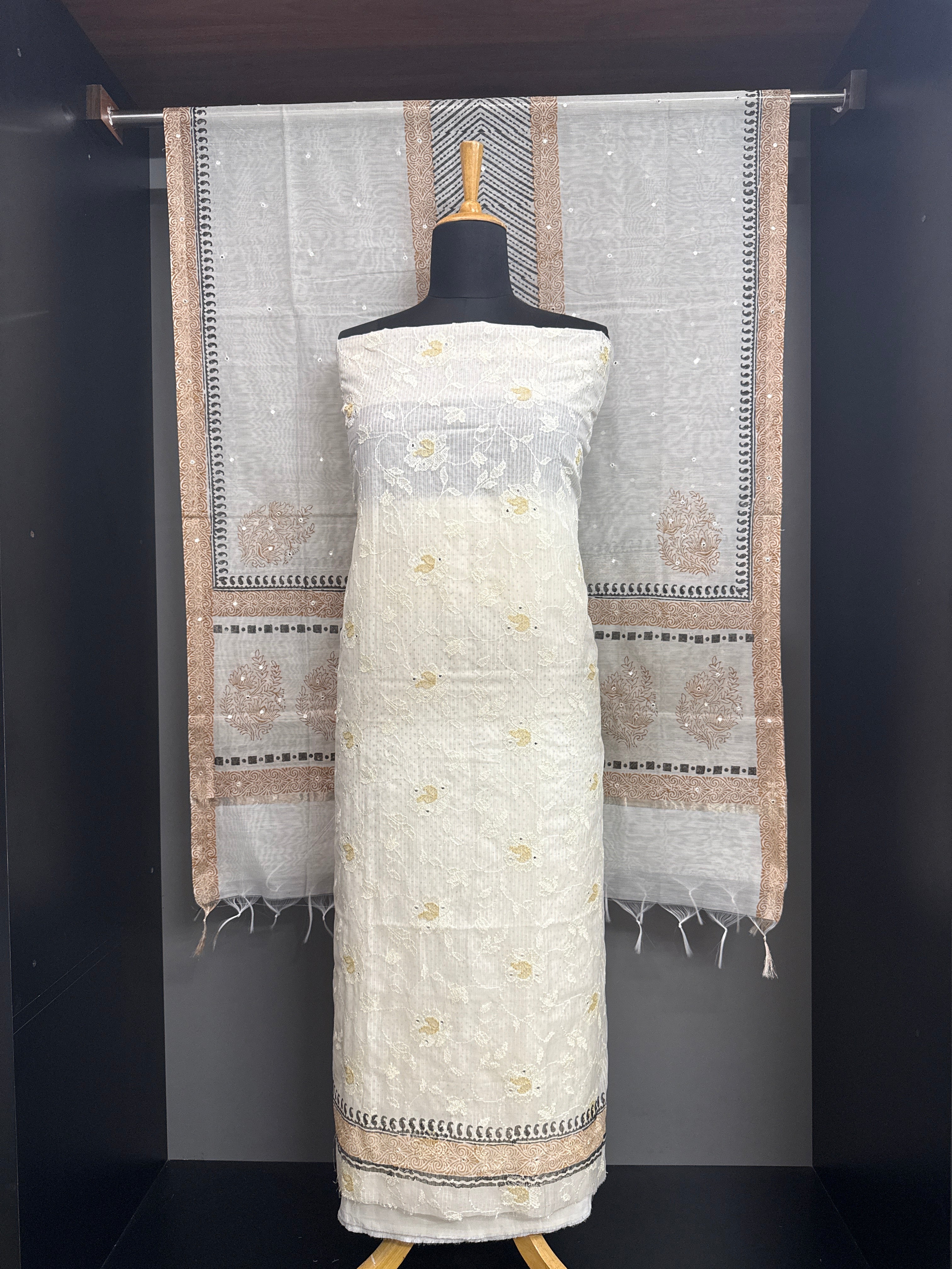 Block Printed Muga Check Organza Salwar Set | ACF133