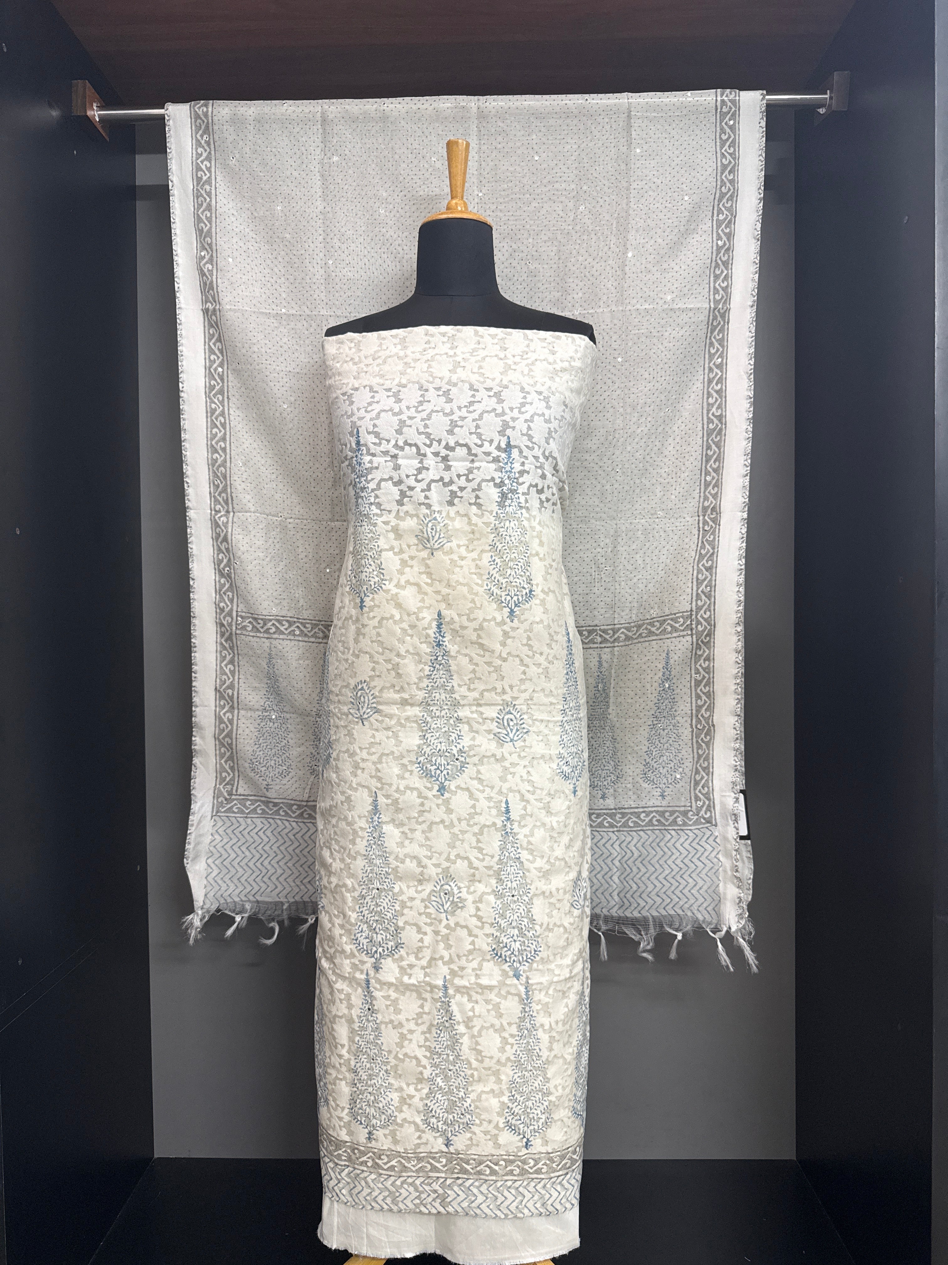Block Printed Muga Check Organza Salwar Set | ACF136