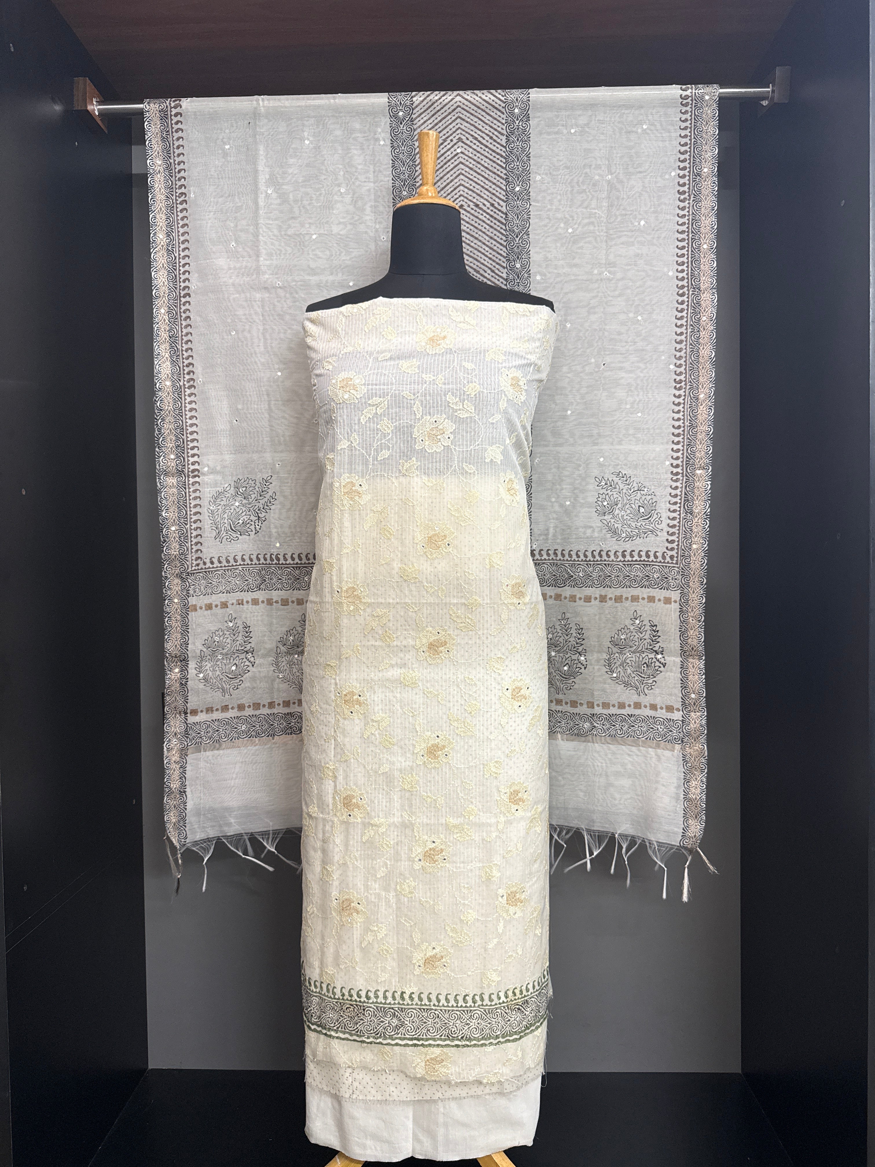 Block Printed Muga Check Organza Salwar Set | ACF131