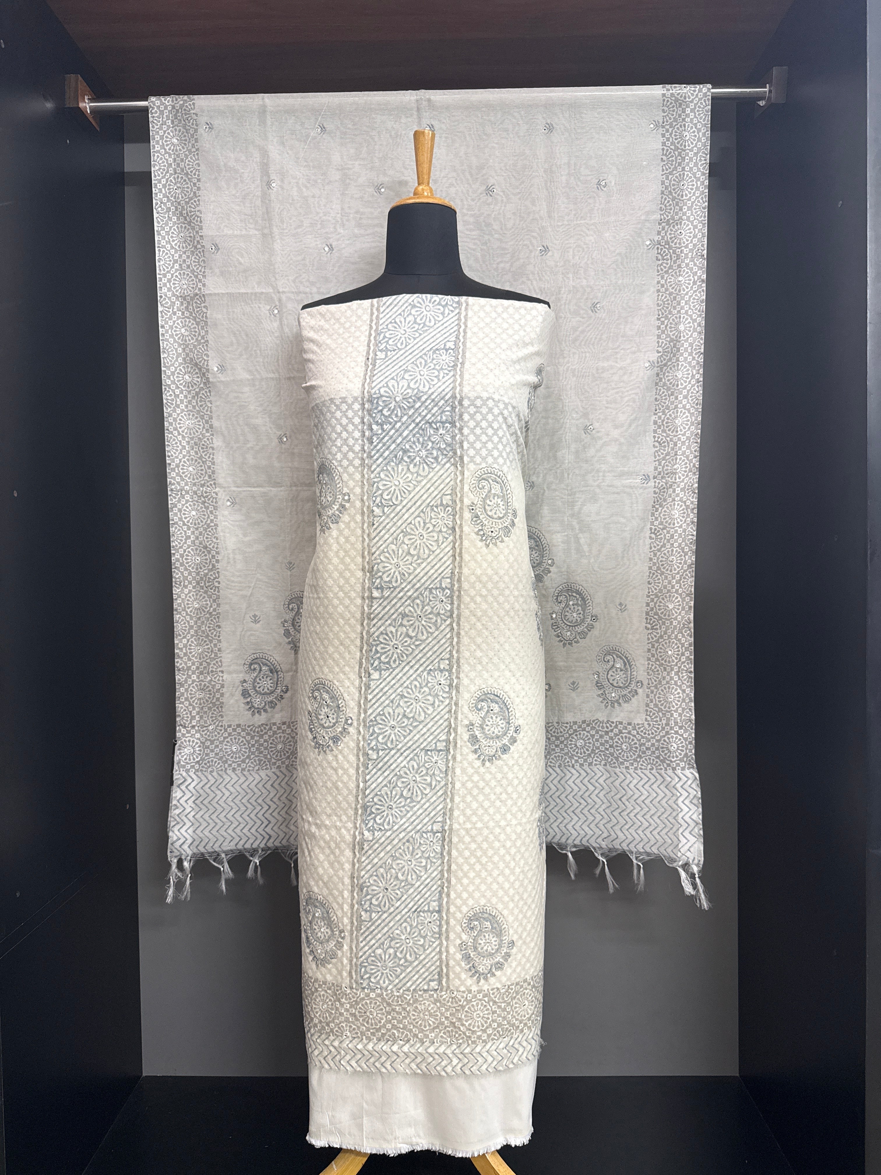 Block Printed Muga Check Organza Salwar Set | ACF138